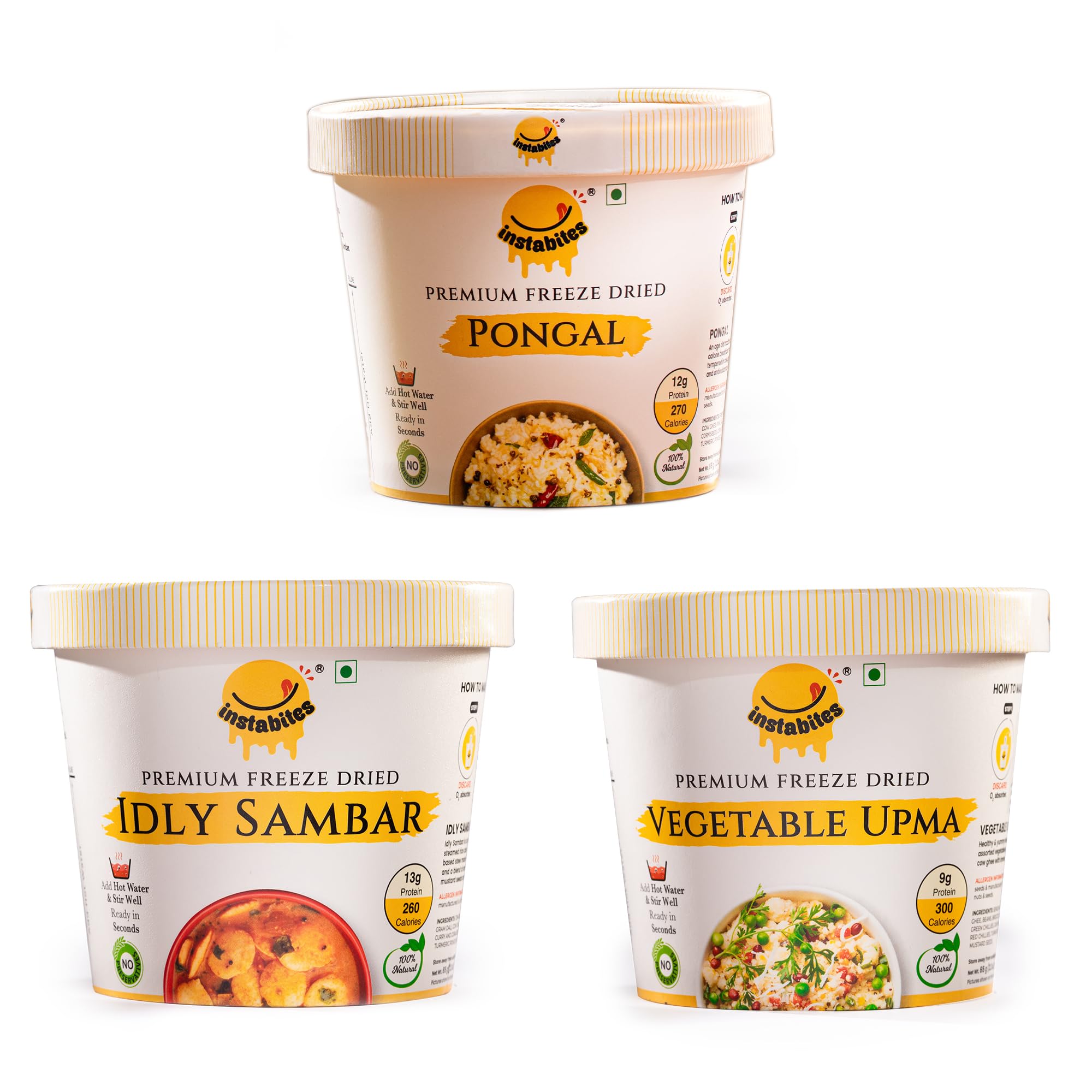 Instabites Ready To Eat Combo of Idli Sambar, Pongal, Vegetable Upma, No Added Preservatives and Ready to Eat in Minutes - Pack of 3 (B0D3C64LHH) Amazon Price History, Amazon Price Tracker
