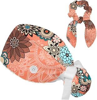 FVQL 2 Pieces Surgical Cap for Long Hair Scrub Cap with Hairband Nurse Cap, Floral Flower Pattern Mandala Pattern