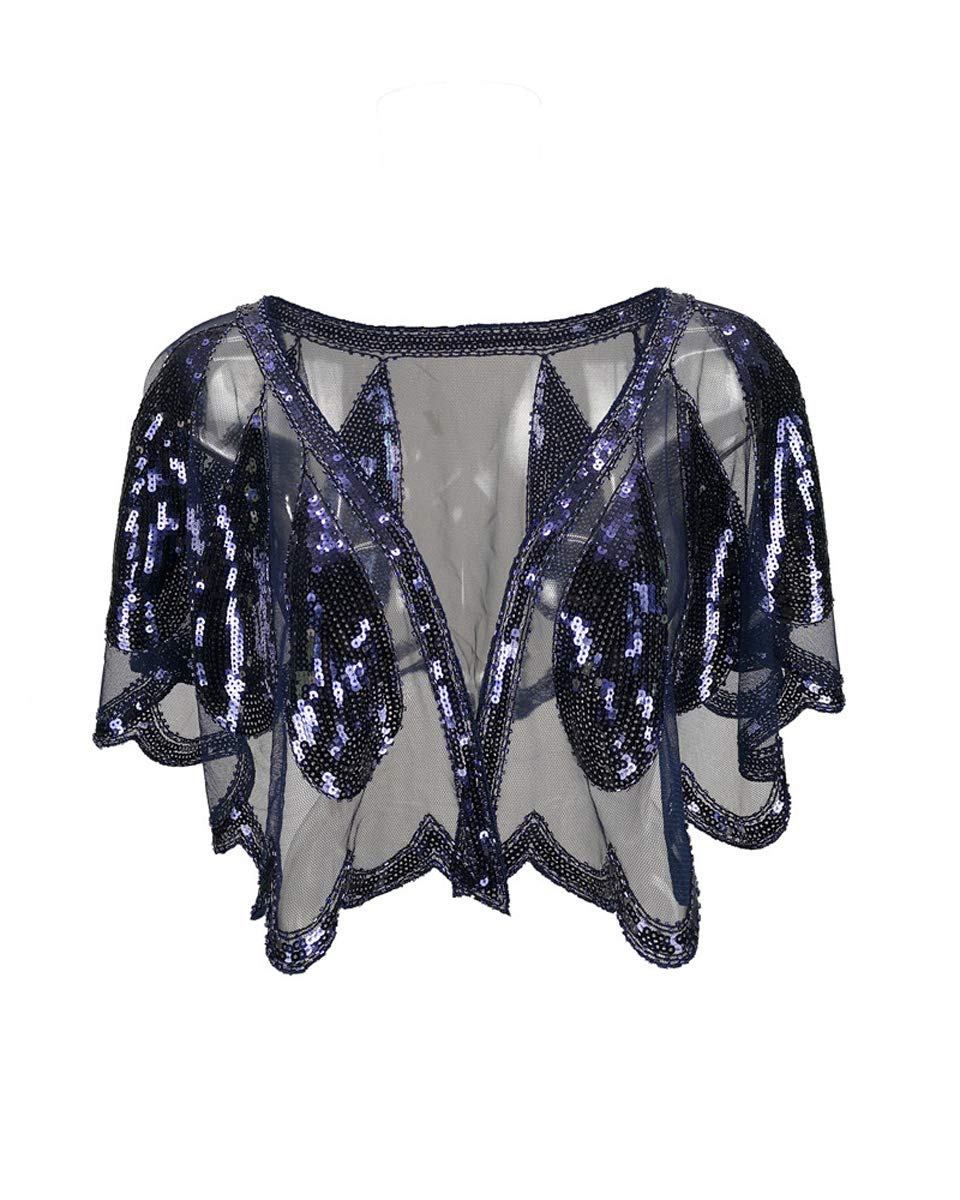 Grouptap Wedding brides women gatsby cape shawl beaded wrap bolero blue black for 1920s art decor fashion evening party dress (Blue)