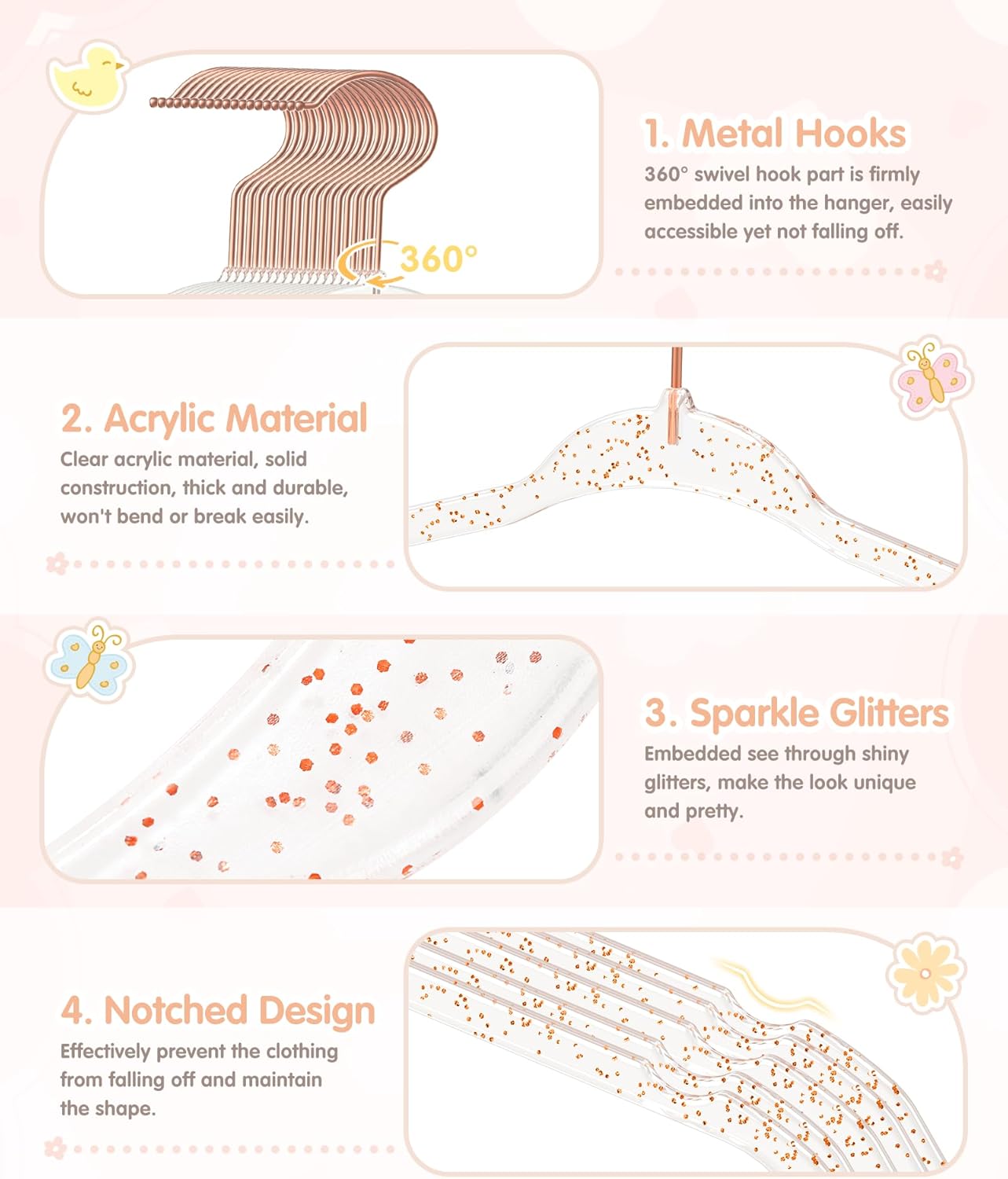 VIS'V Baby Hangers, 11 Inch Acrylic Kids Glitter Hangers for Infant Toddler Nursery Closet Clothes Organization, Pink, 30 Pcs - Image 3