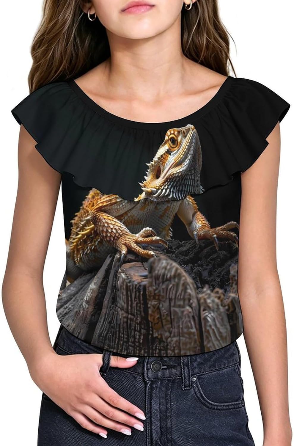 Lizards Bearded Dragon Girls T-Shirts Top Ruffle Short Sleeve Blouse Casual Graphic Tees