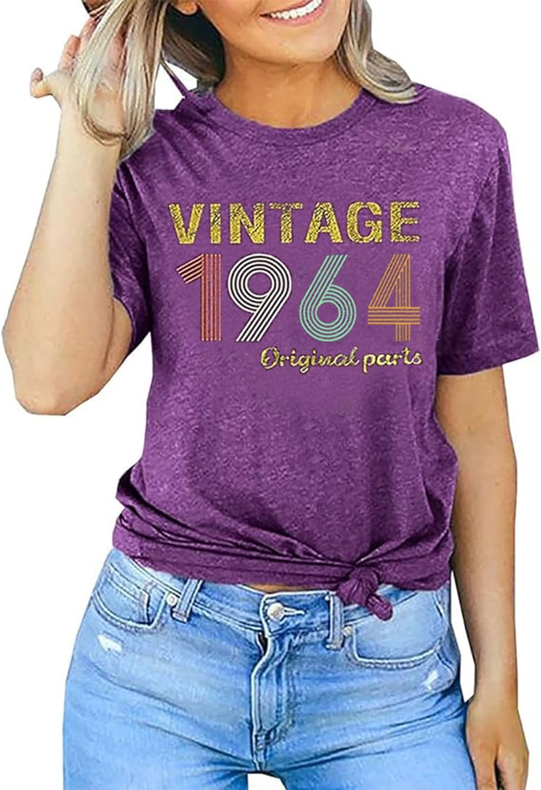 QDQDSD60th Birthday Gift Shirts Vintage 1964 Shirt for Women Letter Print Retro Party Tops Short Sleeve Casual Tee