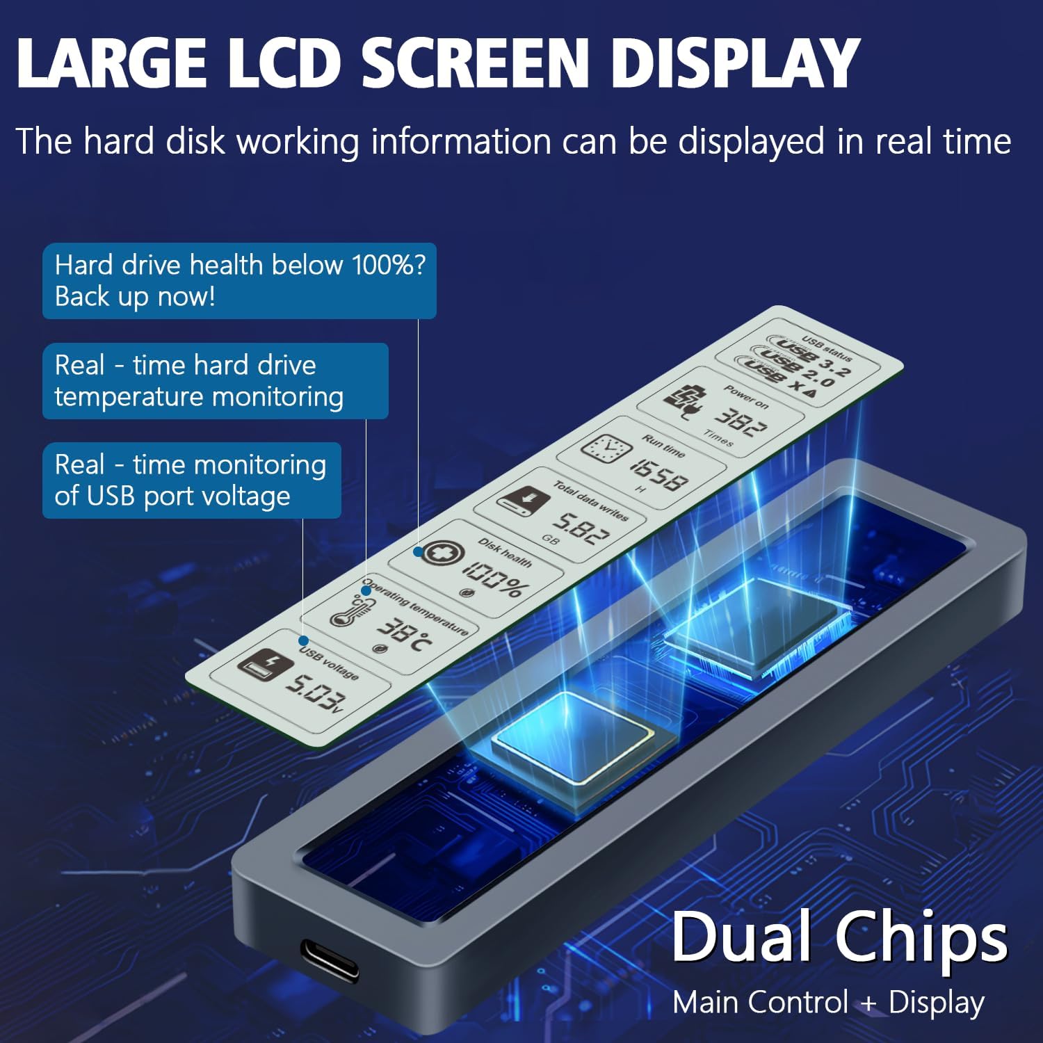 Smart M.2 NVMe SSD Enclosure, Large LCD, Intelligent Detection, Prevents Write Data Loss, USB 3.2, Type-C (10 Gbps), fits NVMe PCIe Size 2230/2242/2260/2280, Support M-Key B+M Key (up to 4TB)