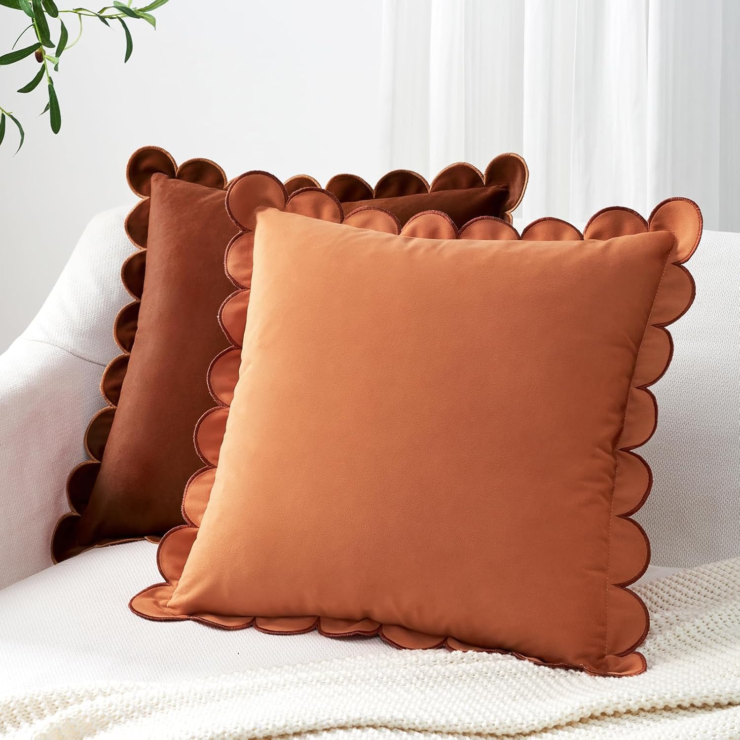 MONDAY MOOSE Decorative Throw Pillow Covers Cushion Cases, Set of 2 Soft Velvet Scalloped Round Edge Designs, Mix and Match for Home Decor, Pillow Inserts Not Included (16x16 inch, Rust/Coral)