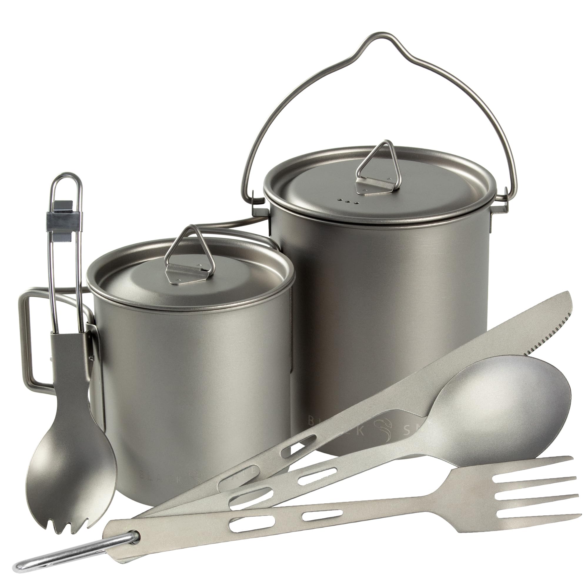 Black Snake Titan Camping Set 6-teilig - Outdoor Geschirr & Besteck mit Topf, Göffel, Messer, Gabel, Löffel - Ultraleicht, kompakt & rostfrei