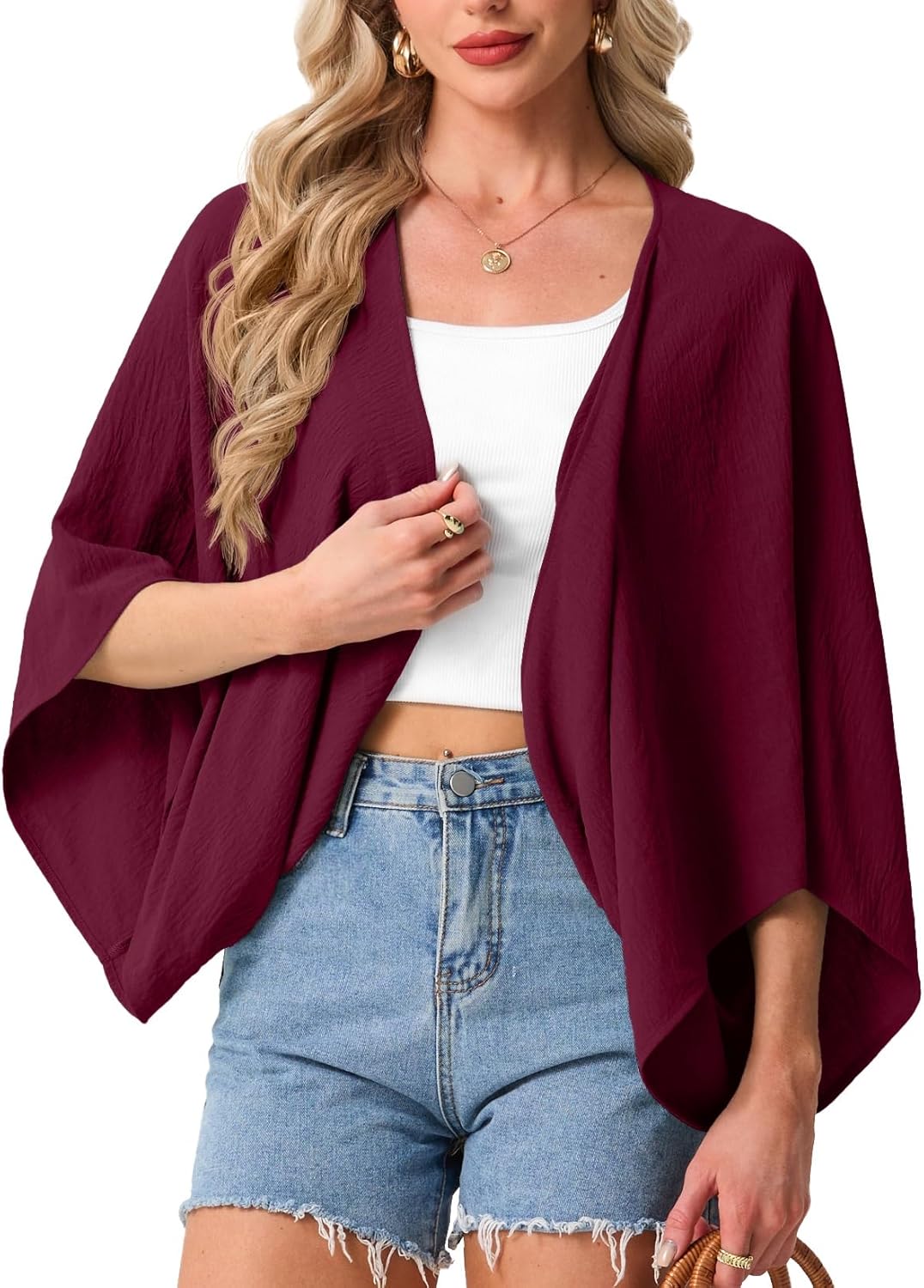 GRECERELLE Women's Summer Lightweight Cardigan Open Front Casual Loose Cropped Kimono Cover Ups