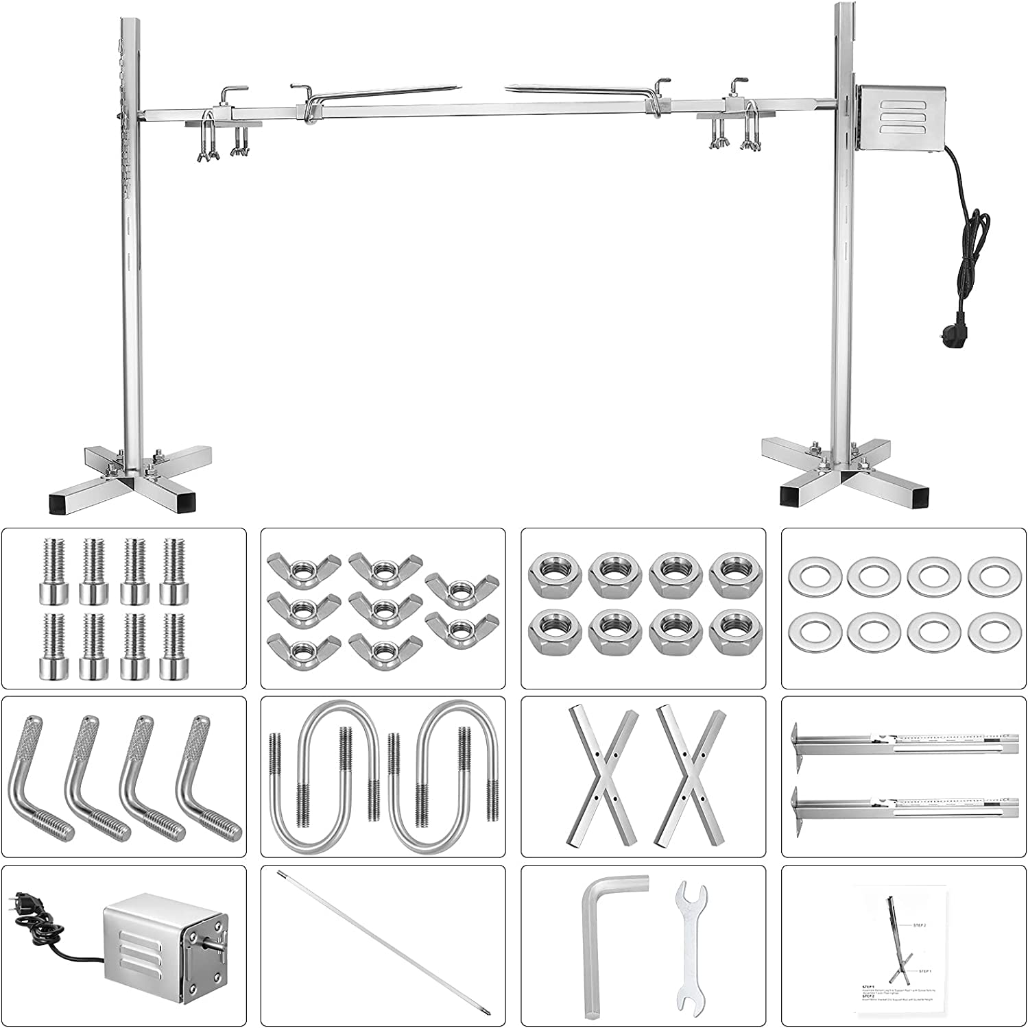 Aomdom Asador Giratorio Eléctrico para Barbacoa - Brocheta de 130cm Con Motor 70 kg, Altura Regulable - Plancha para Cochinillo y Pollo