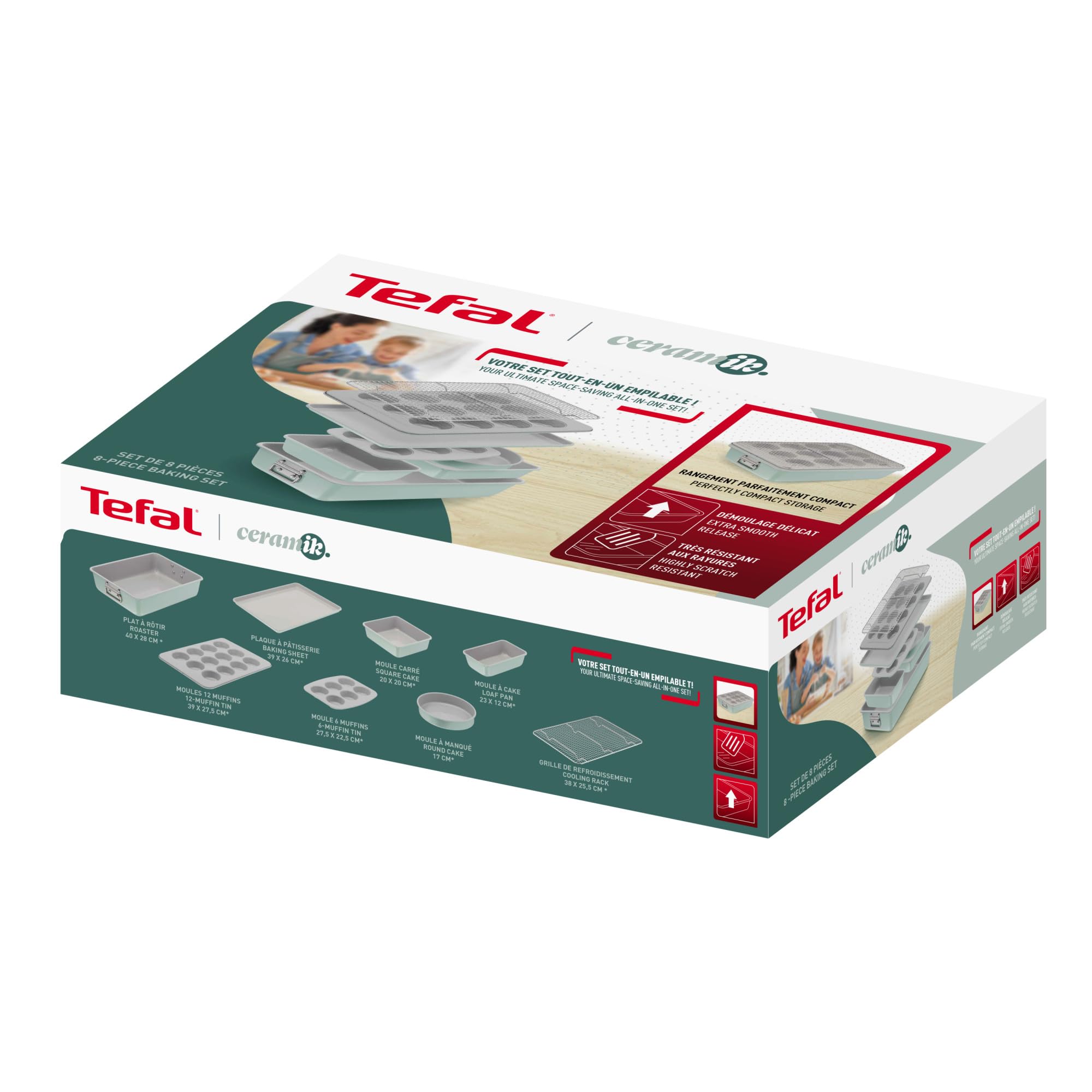 Tefal Ceramik Set 8pièces, Moules à gâteaux, Plat à four, Revêtement céramique, Résistant, Démoulage facile, J175S804