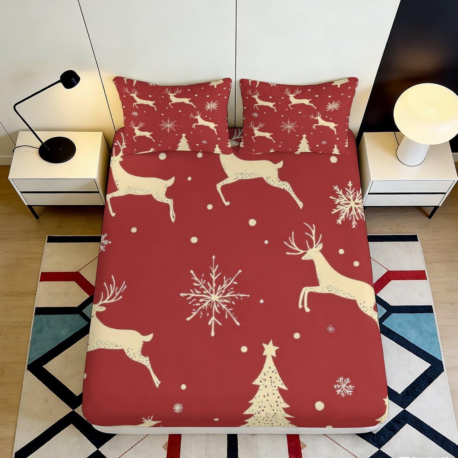 3D Printed Christmas Red Reindeer Fitted Sheet Microfiber Soft Snowflake Bed Cover for Bedroom Guest Room Decor 90x200x25cm