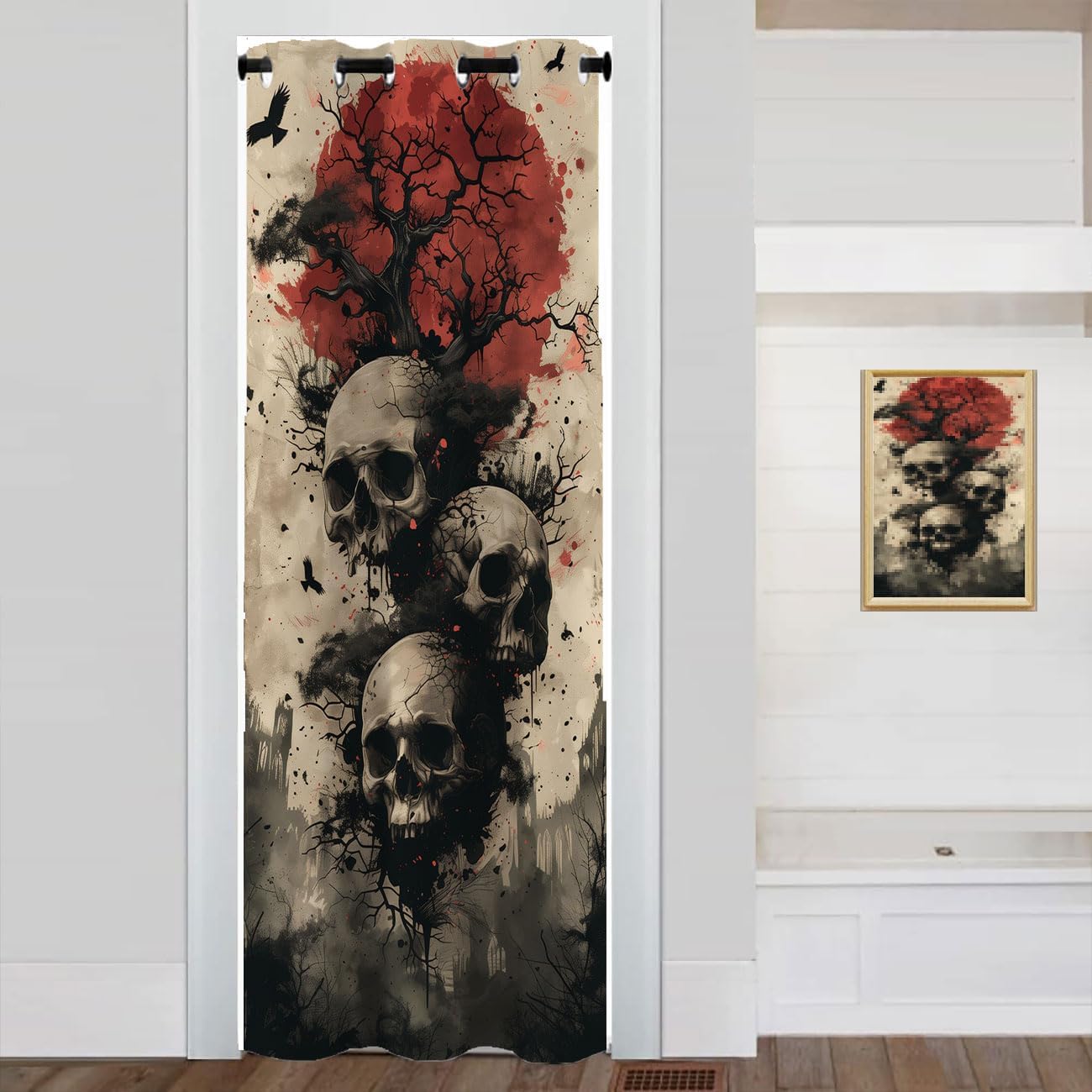 Mushroom Skeleton Doorway Curtain, Garden Flowers Psychedelic Decor Door Curtain for Kids Boys Girls Teens Bedroom Living Room Closet, 1 Panel 34" W X 80" L