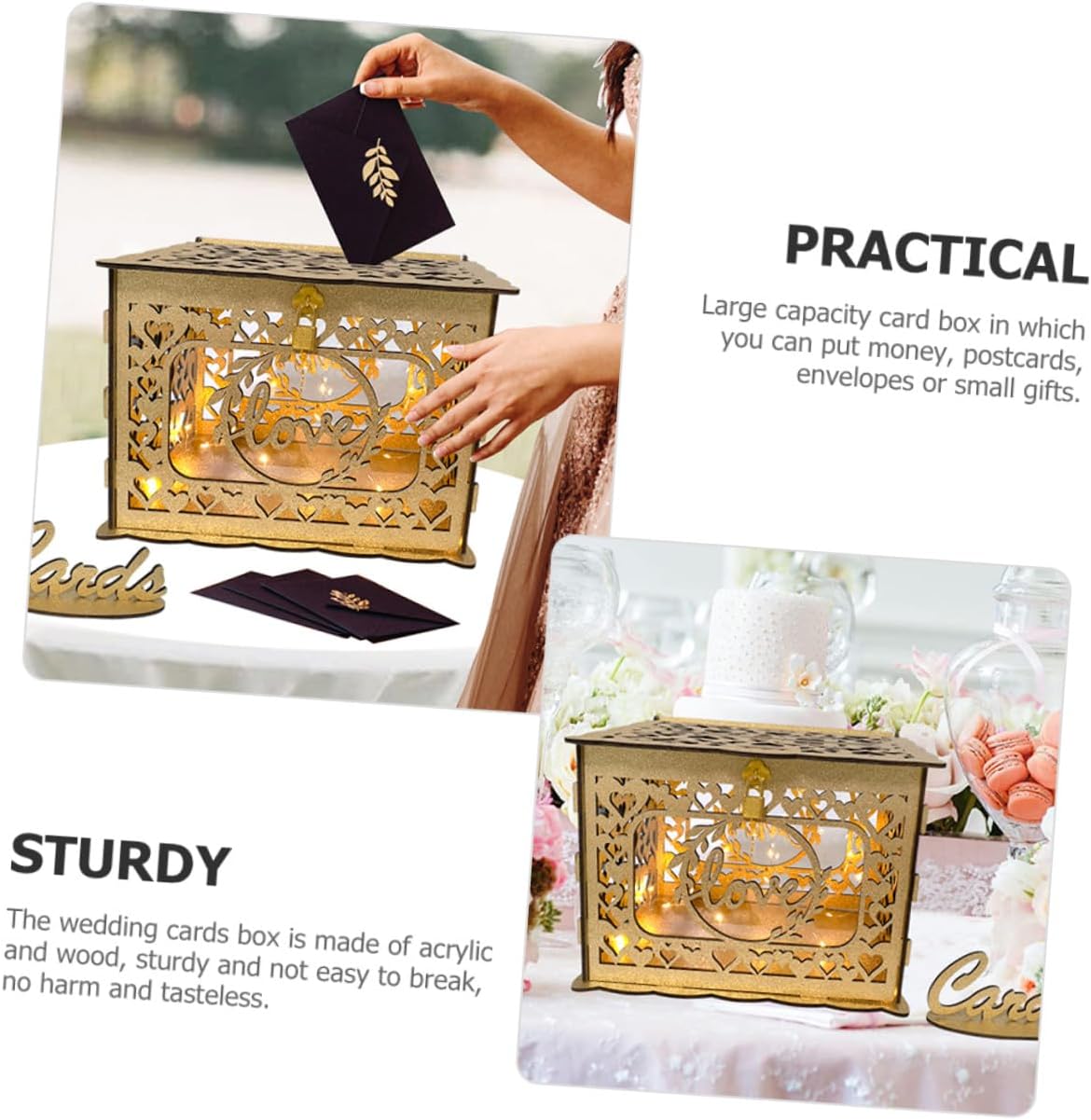 Wooden Hollow Glitter Card Box Wedding Reception Card Holder Portable Blessing Envelope Storage Box for Anniversary Party Decoration