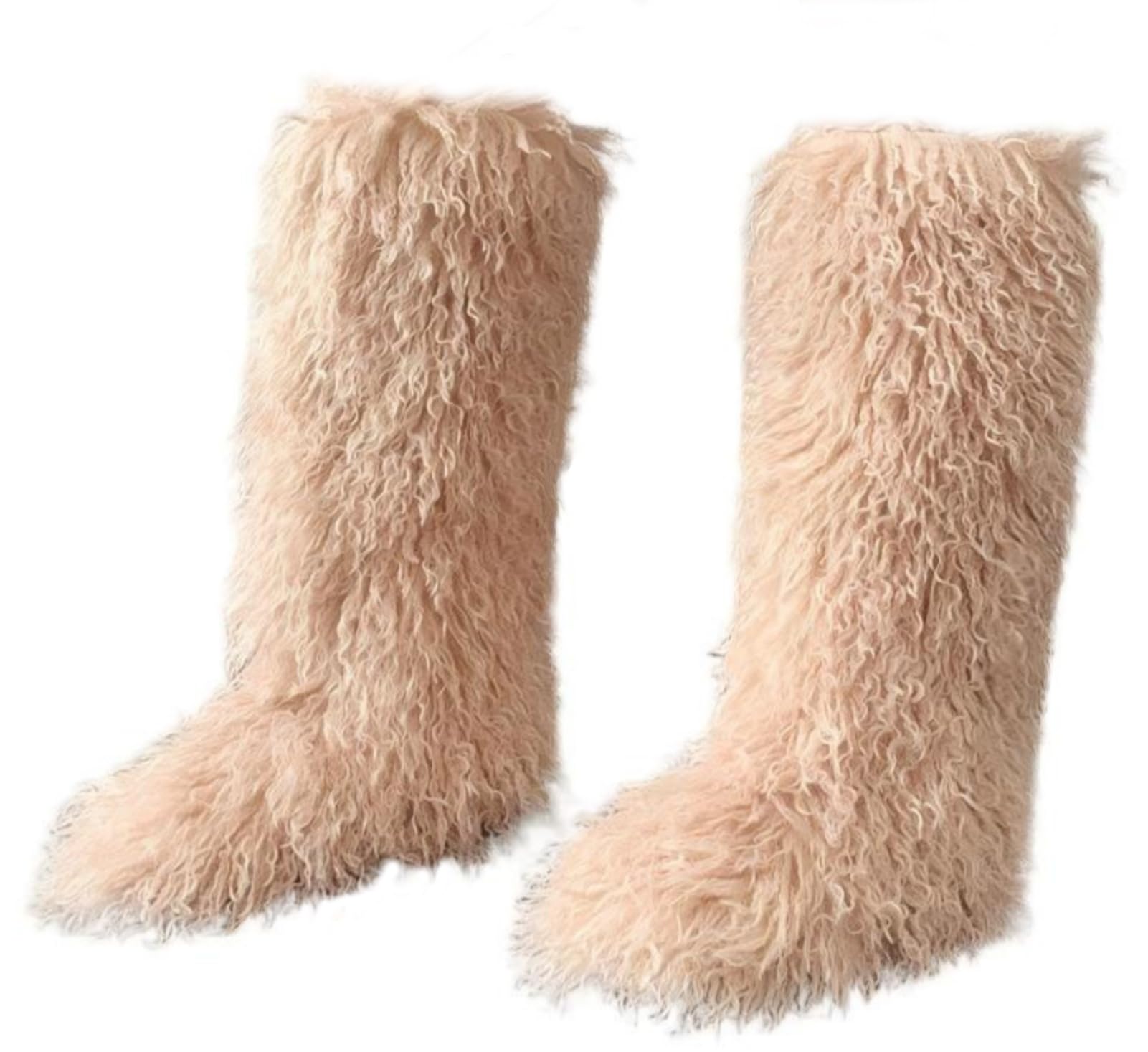 LLTMALL Womens Faux Fur Knee High Snow Boots Winter Curly Long Furry Flat Shoes
