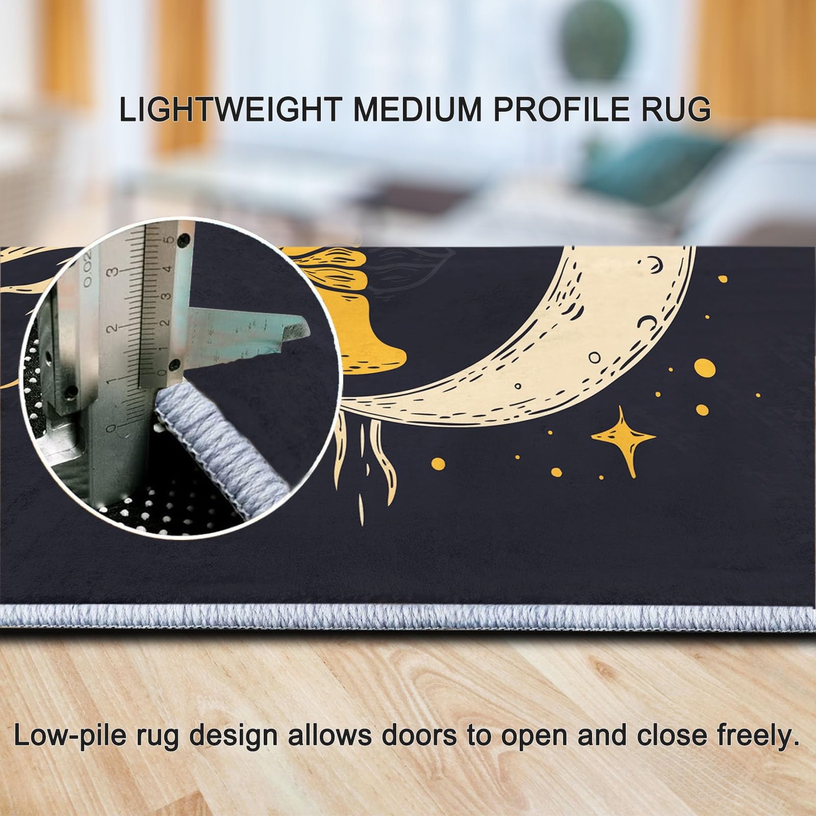 Noir Imprimé Tapis de Salon Lavable 160x230 cm Soleil Lune, Tapis Antidérapant à Poils Courts Doux pour Chambre Cuisine Entrée D'intérieur Décoration