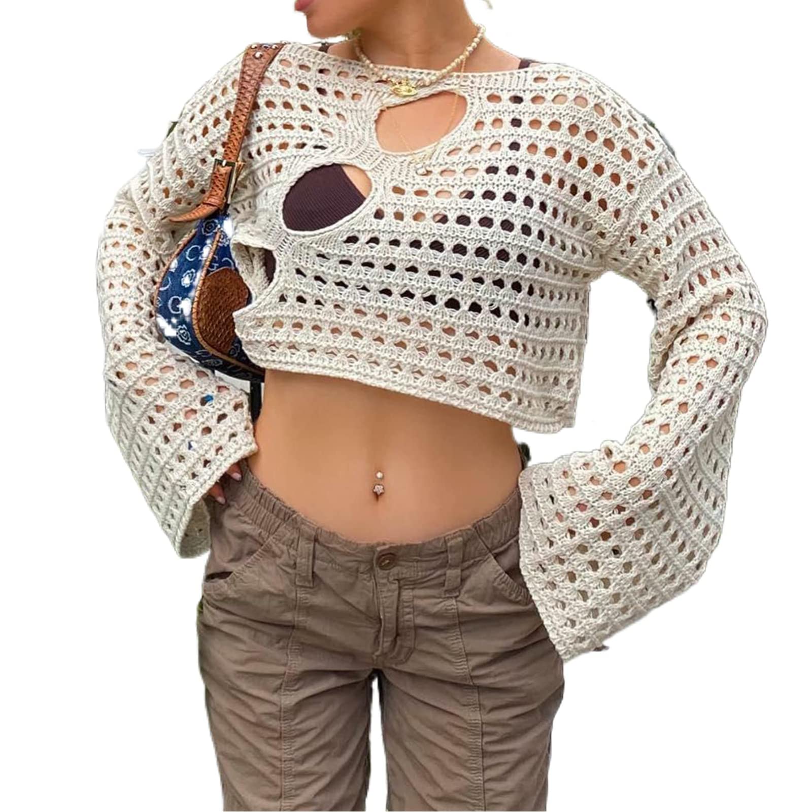 DomisolaWomen Crochet Cropped Tops Long Sleeve Jumper Cover Ups Hollow Out Crewneck Knit Sweater Pullover Y2K Streetwear (A#