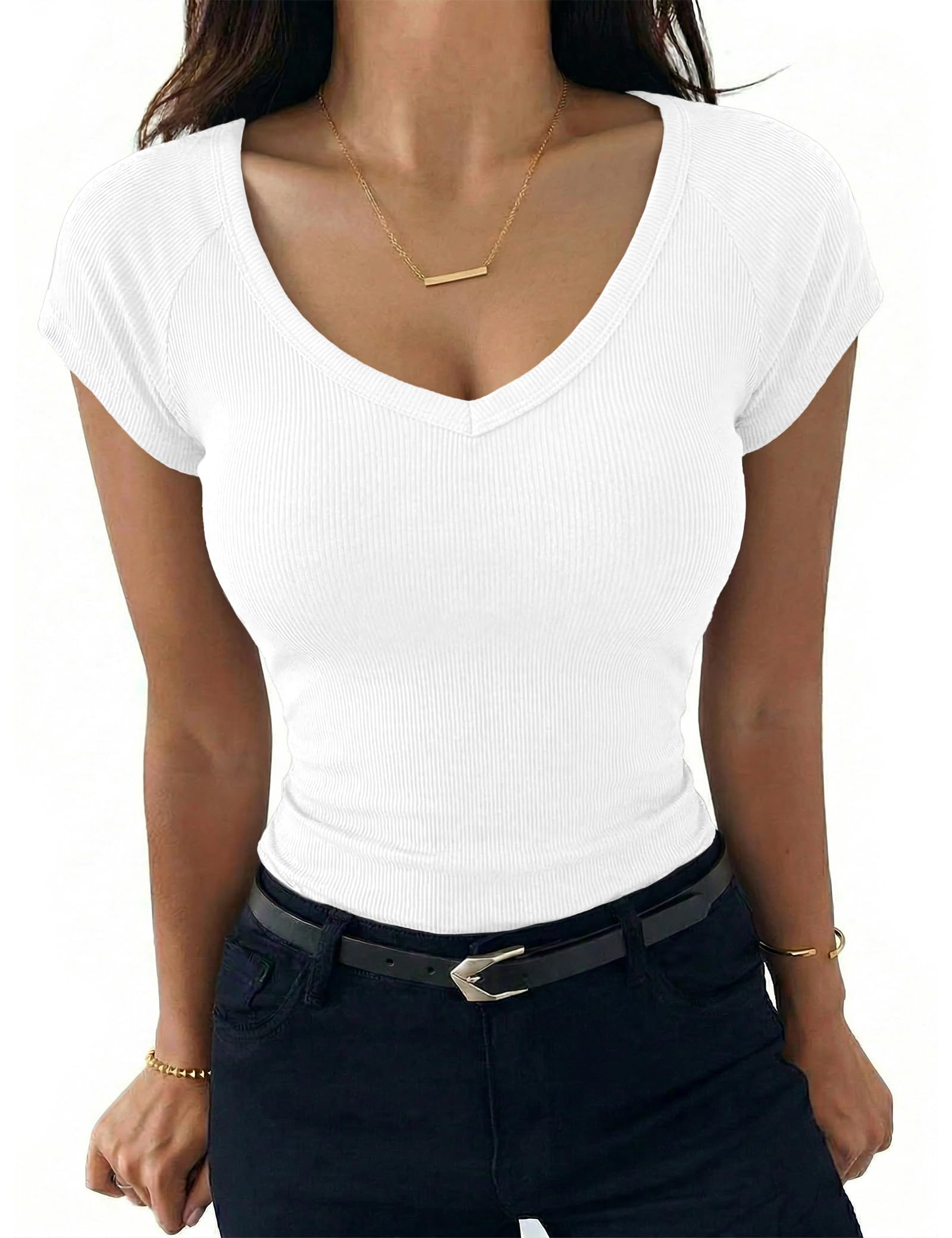 Aottori Damen T-Shirt V-Ausschnitt Farbkontrast Oberteile Kurzarm Gerippt Basic Tee Shirts Slim Fit Tshirt Stretch Casual Rippshirt Sommer Elegant Tops Sexy Einfarbig