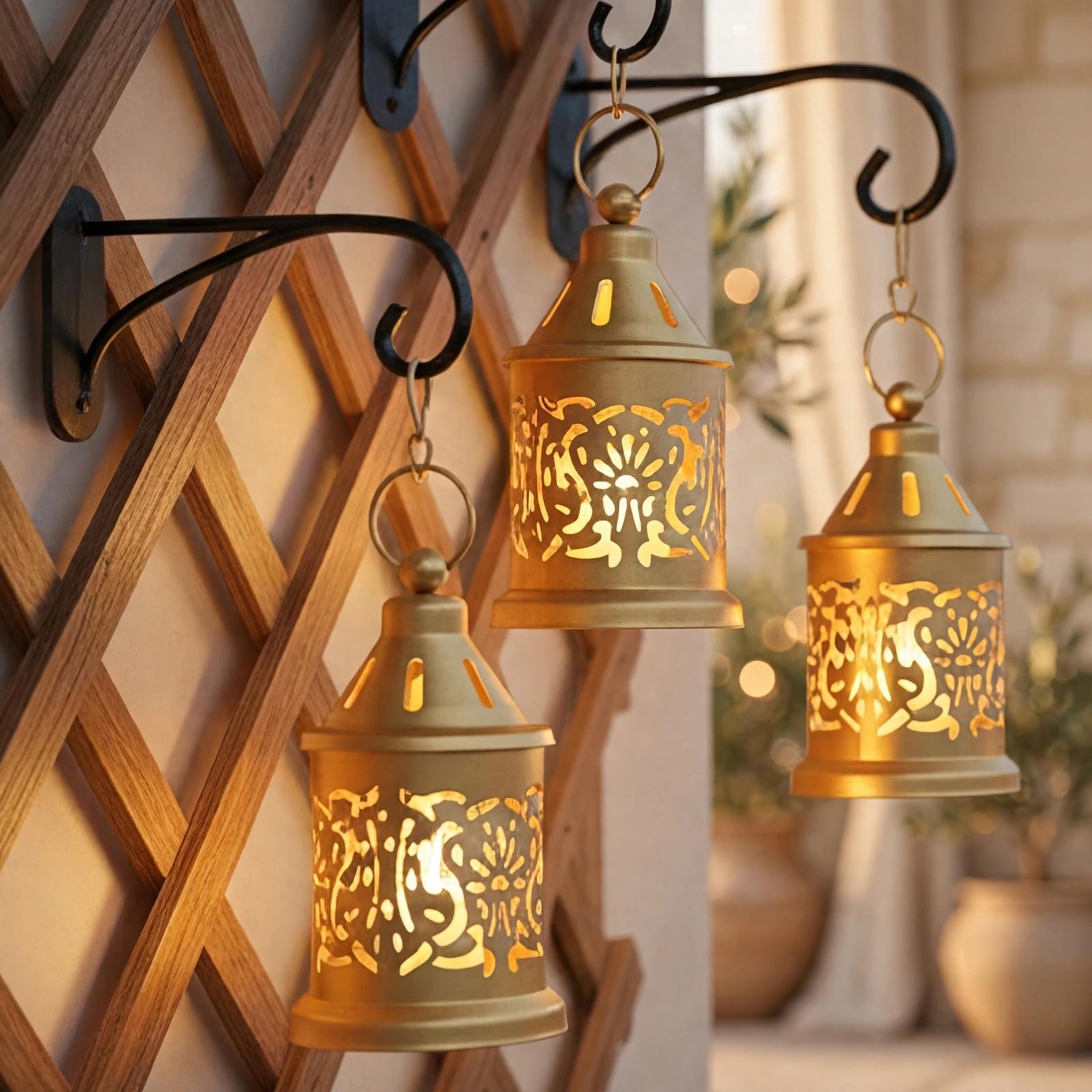 Vintage Metal Lantern Set - Golden Candle Holders -3
