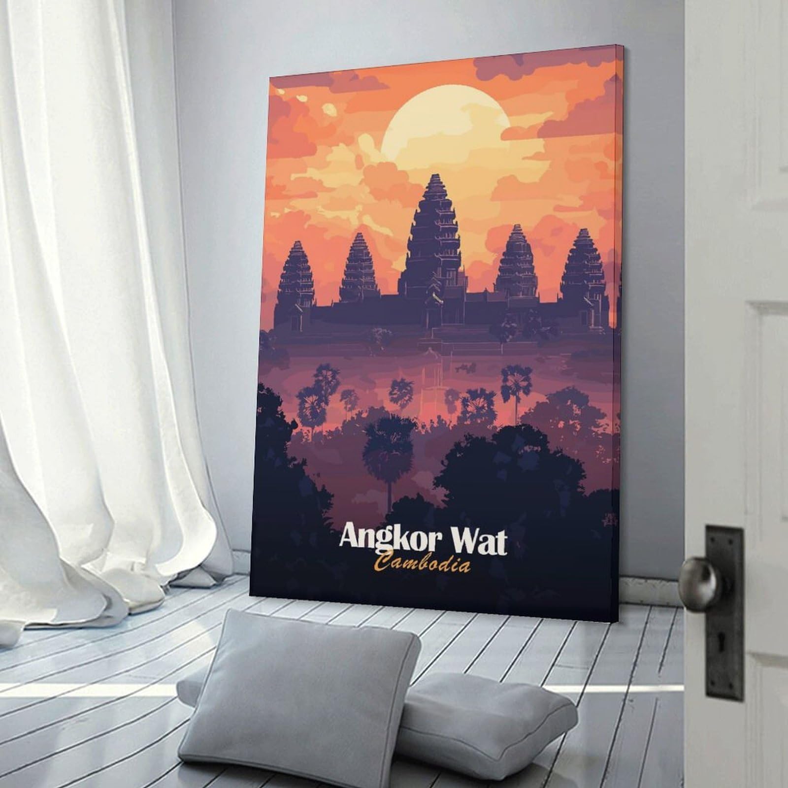 Junmoney Frame-Style-23 Angkor Wat Sunset Hanging Wall Art 24X36inch(60X90cm), For Restful Interiors, Bedrooms Or Small Rooms, Home Artwork With A Soft Interior Feel