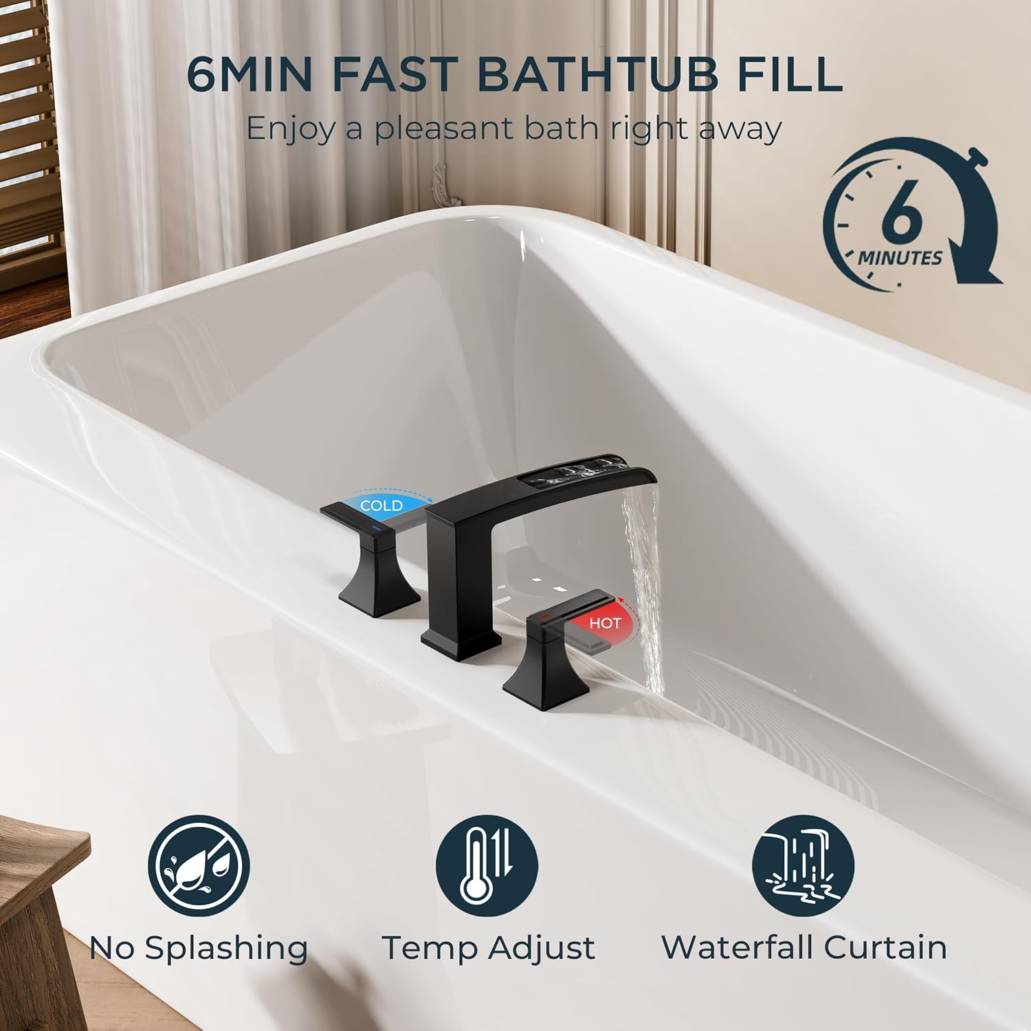 FORIOUS Waterfall Black Bathtub Faucet Set 3 Hole, 2 Handle Deck Mount Roman Tub Faucet Widespread with Pre-Installed Water Hose for Garden Bathtub