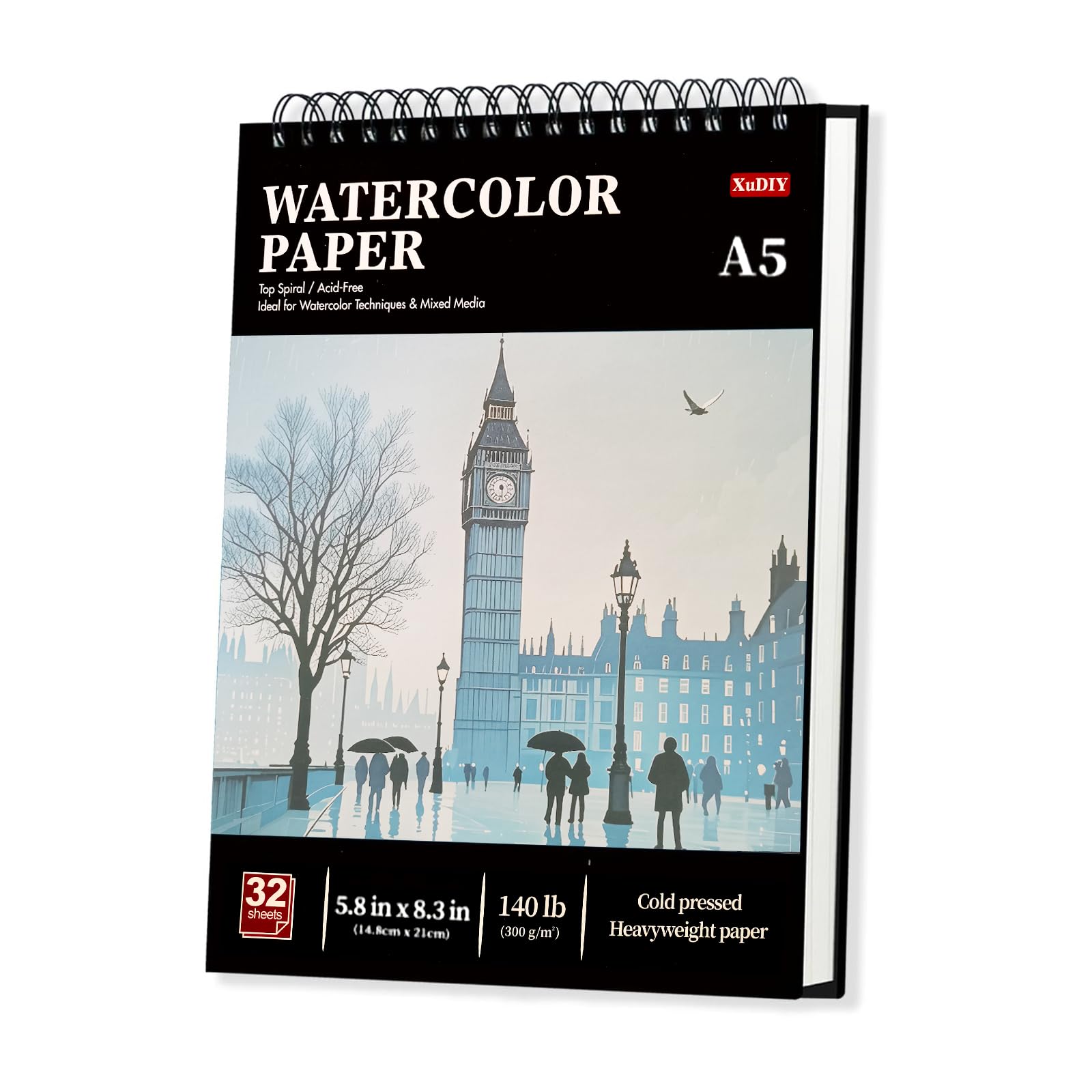 A5 Watercolour Paper Pad, 32 Sheets (64 Pages), 300GSM (140LB) Cold-Press, Natural White, Spiral-Bound A5 Sketchbook, Drawing Pad, Mixed Media Paper – Suitable for Beginners & Hobbyists