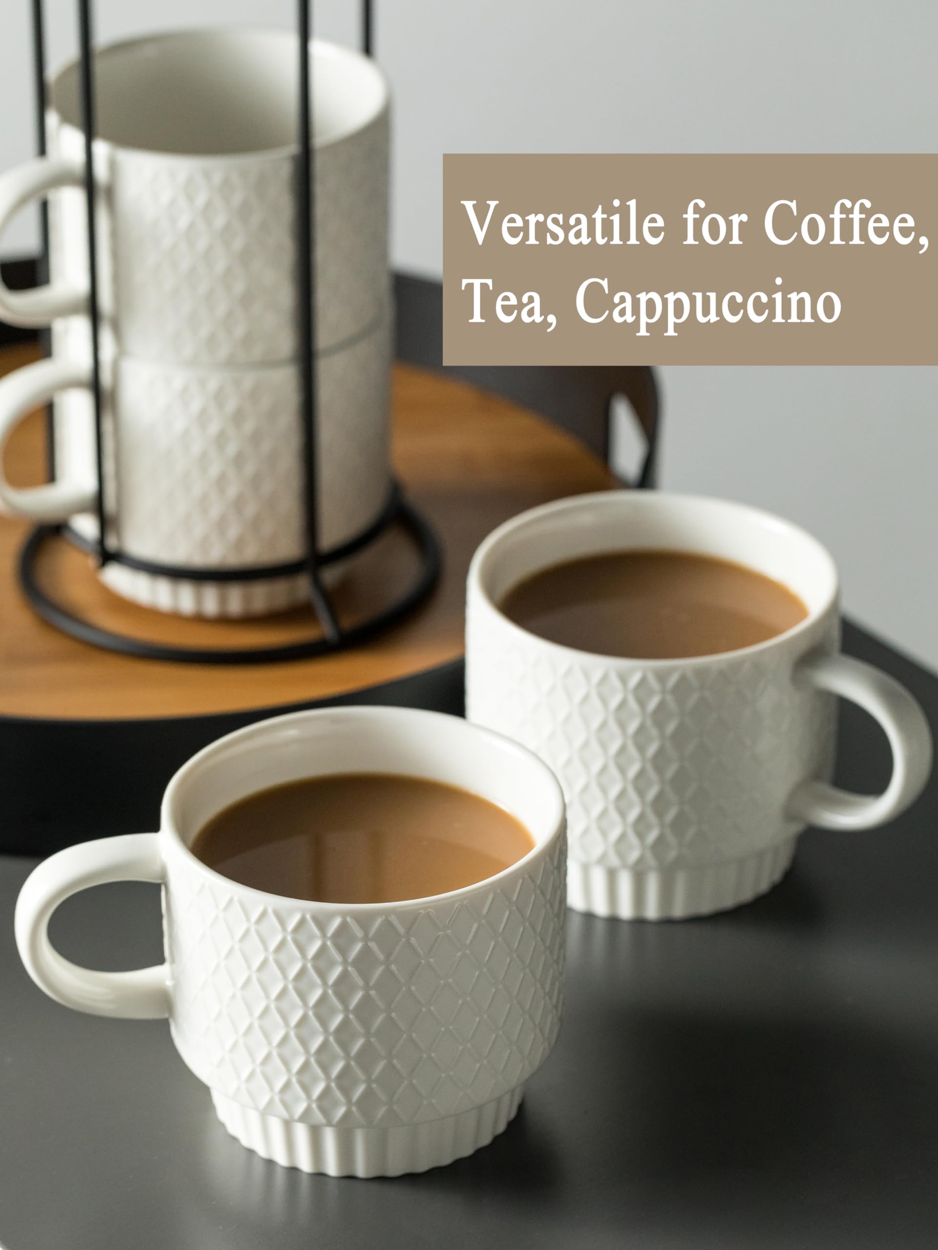Gomakren Juego de 4 tazas de café apilables con soporte, taza de café con cucharadita de 370 ml, tazas para capuchino, café, bebidas, té, 4 unidades, regalo blanco para hombres y mujeres, 380 ml