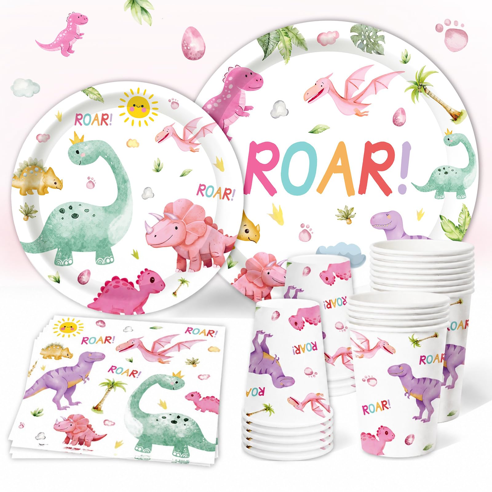 Dinosaur Paper Plates Cups and Napkins 96Pcs, Pastel Dinosaur Party Tableware Set with Party Plates Cups and Napkins, Disposable Dino Tableware Birthday Decorations for Girls Kids, Serves 24 Guests