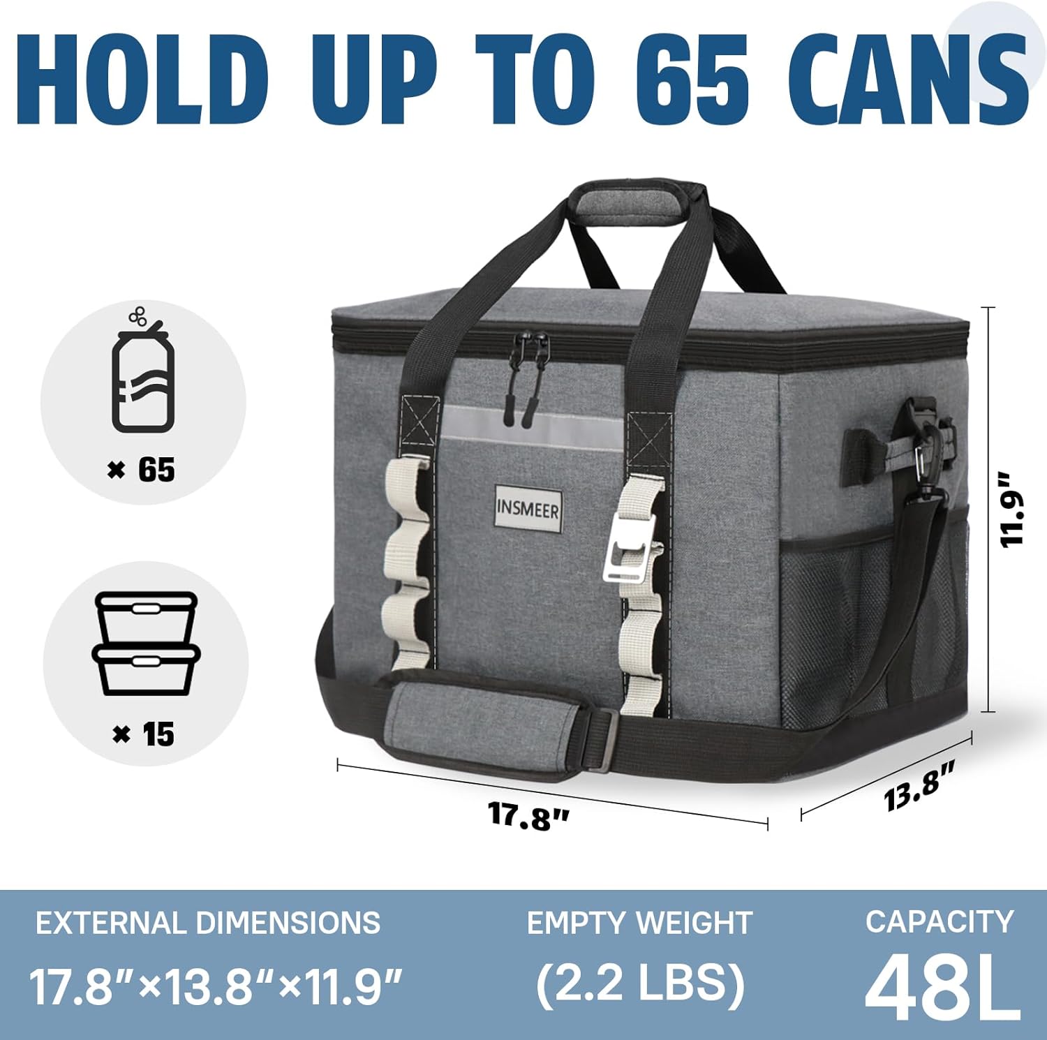INSMEER Insulated Cooler Bag 65Cans/48L Large Cooler Bag Soft Sided Cooler with Shoulder Strap