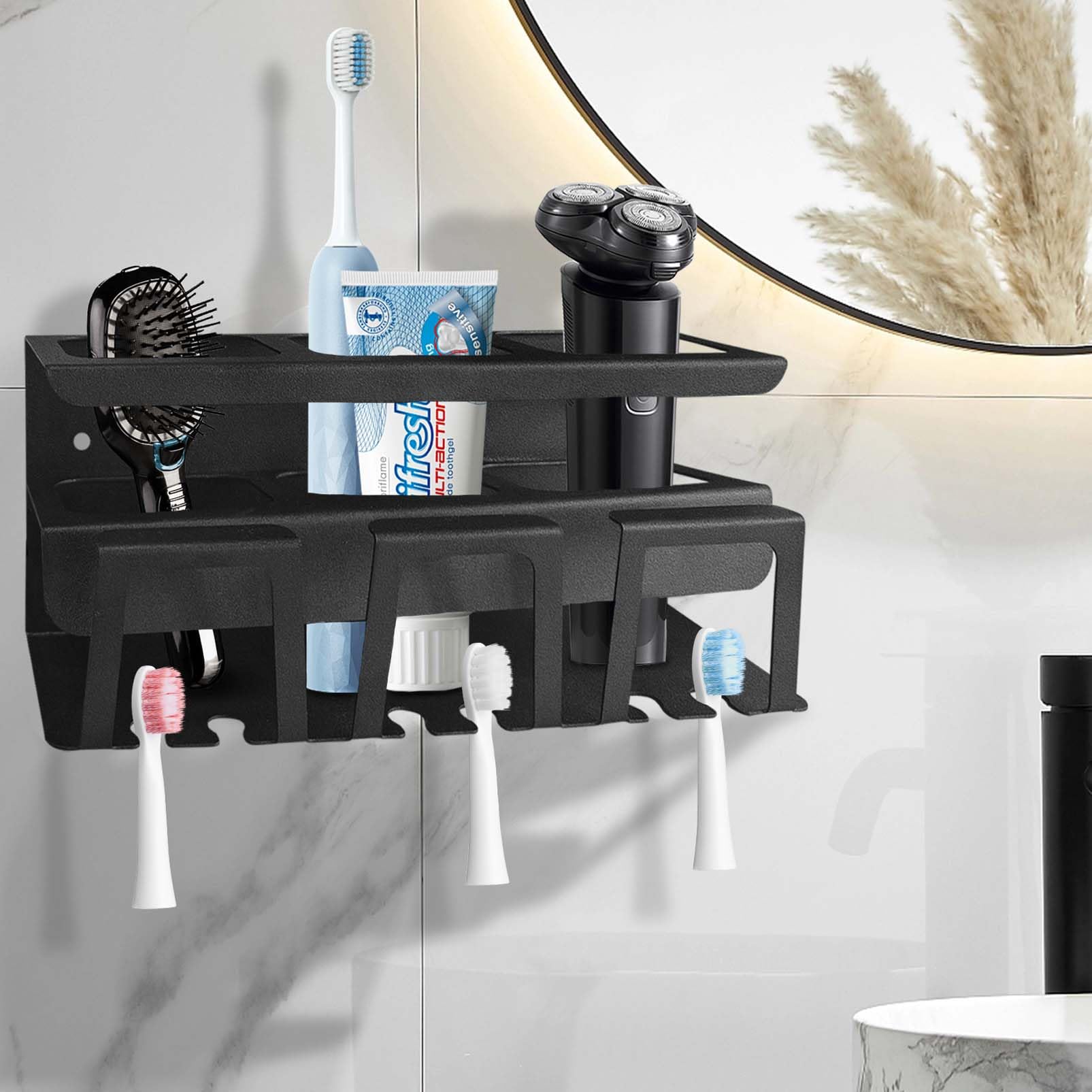 Portaspazzolino Elettrico Senza Foratura - 2 Scomparti Con Fori Di Drenaggio, Nero - Foto 4