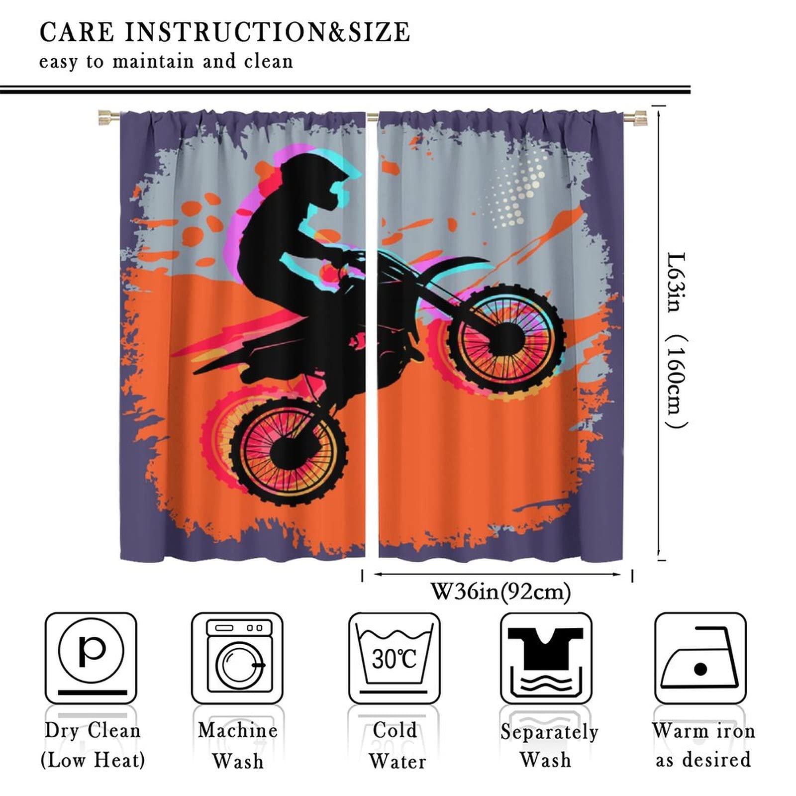 Dirt Bike Blackout Curtains Extreme Sports Motorbike Rider Silhouettes Colorful Boys Teens Bedroom Living Room Kitchen Decor Rod Pocket 2 Panels 55x63in