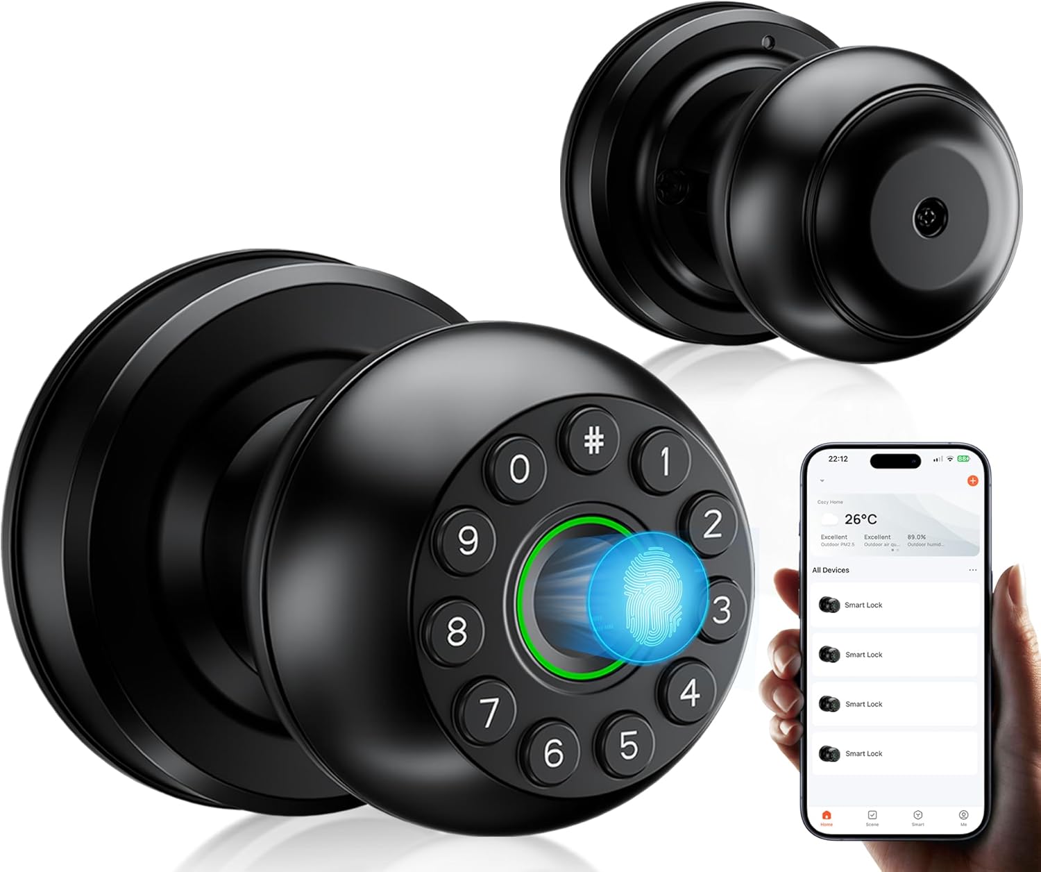 Pulido Fingerprint Door Lock | App Available But Not Required | Keypad Door Knob with Real Buttons | Smart Fingerprint Door Knob for Bedroom, Office, and Apartment