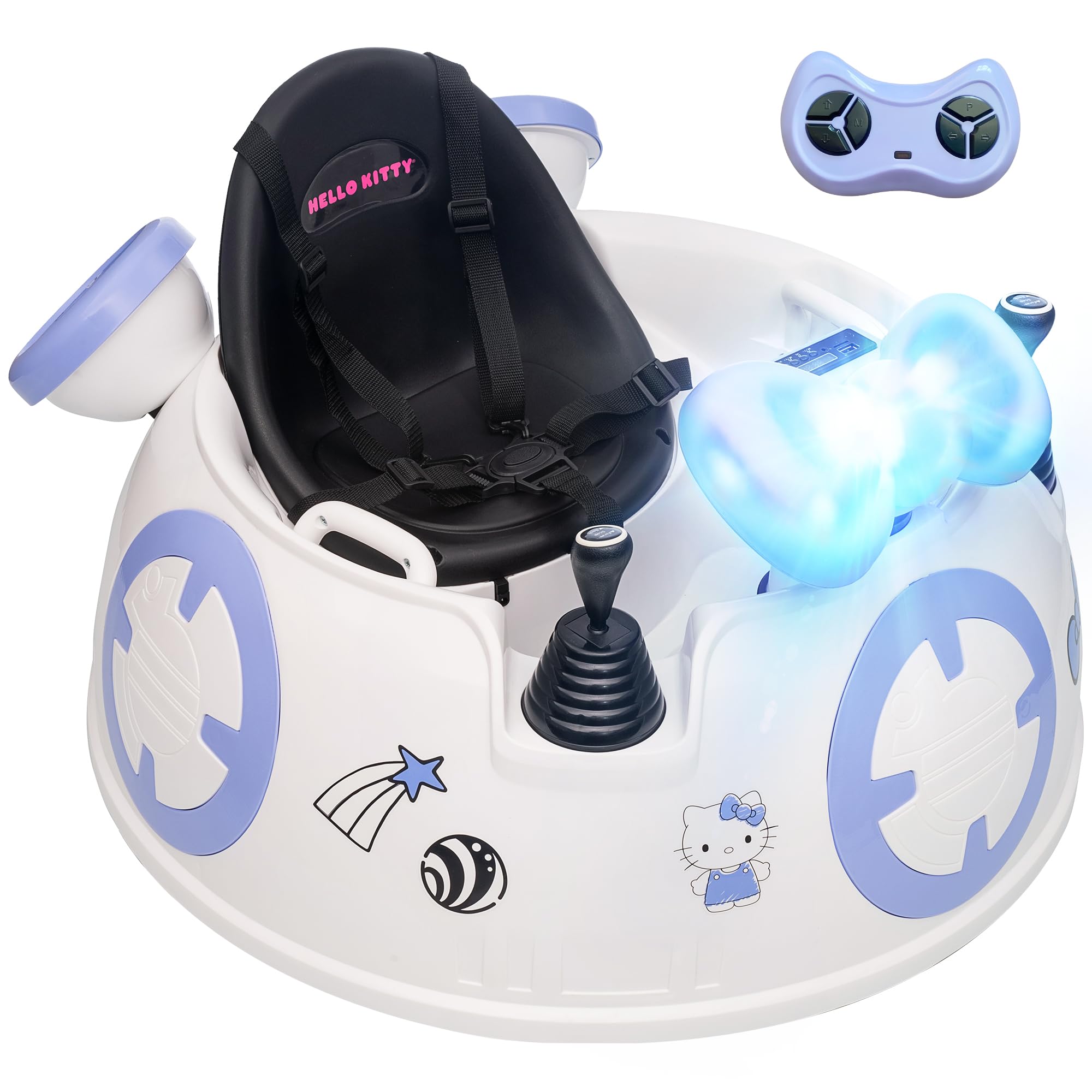 AIYAPLAY Hello Kitty Licensed Kids Bumper Car with Remote Control, 360° Rotation Spin Electric Ride On Waltzer Car with Dual Joysticks, Music, Lights, Safety Belt, for 1.5-5 Years Old, White