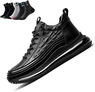 Men's Casual Cowhide Air Cushion Shoes,Crocodile Print Sneakers Lace Up,Leather Height Lifting Non-Slip Casual Comfortable Walking Shoes (with 5 Pairs Socks) (Color : Black, Size : EU/CN48)