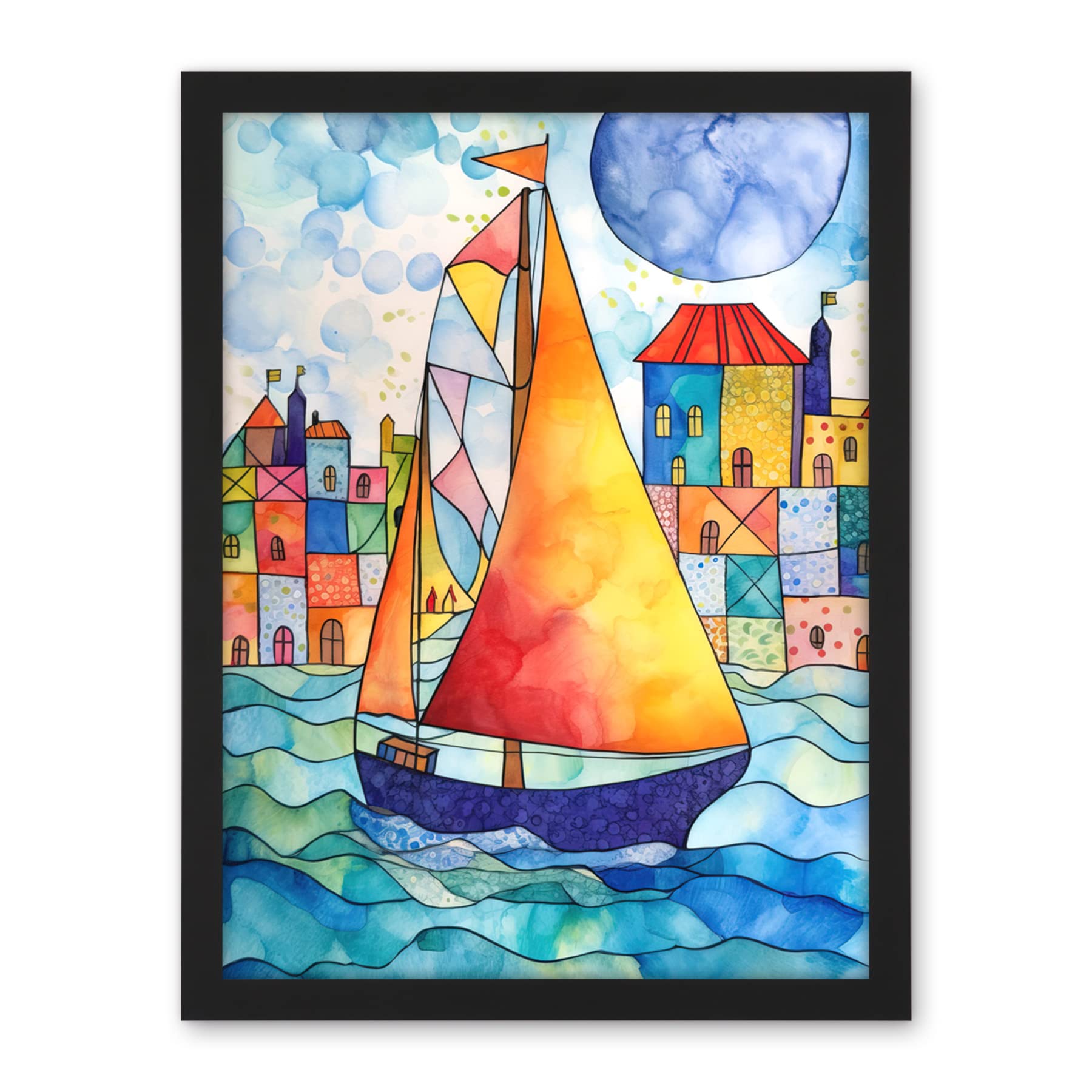 Artery8 Sailboat By Harbour Folk Art Artwork Framed Wall Art Print 18X24 Inch