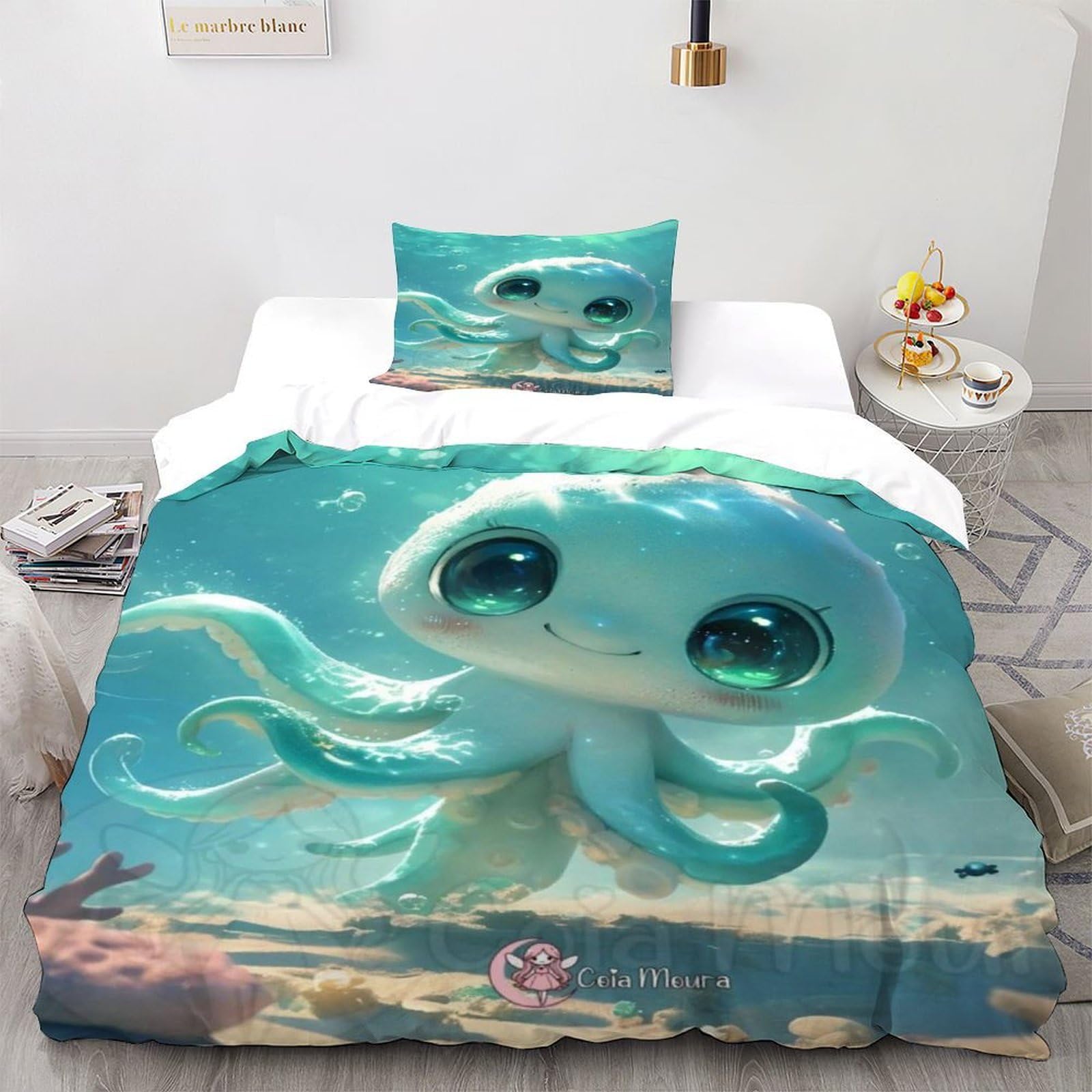 Housse de couette octopus microfibre 135x200 parure lit animaux marins