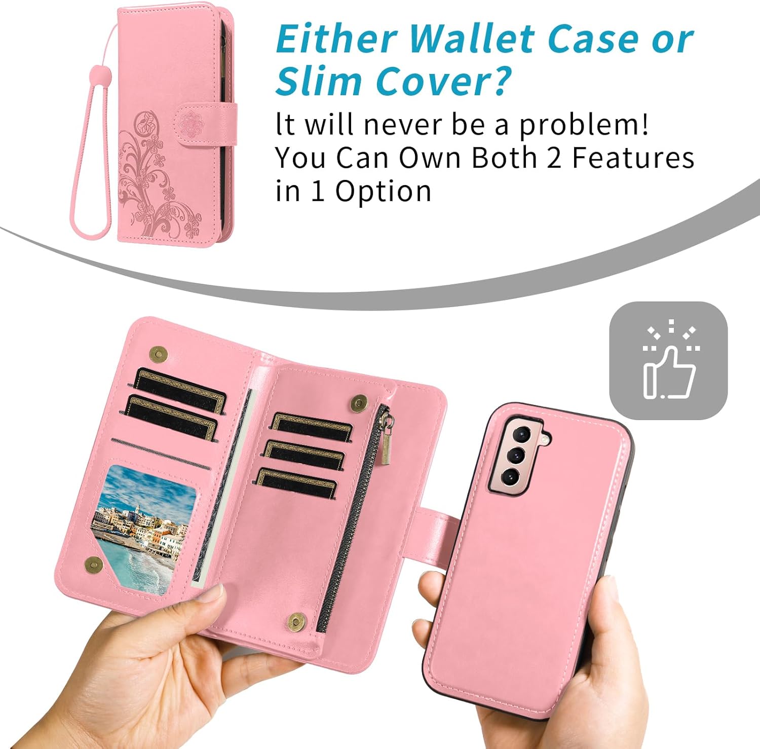 Asuwish Phone Case for Samsung Galaxy S21 Plus S21+ 5G Zipper Wallet Detachable Cell Cover with Tempered Glass Screen Protector Strap Flower Card Holder S21+5G S21plus 21S + S 21 21+ G5 Women Pink