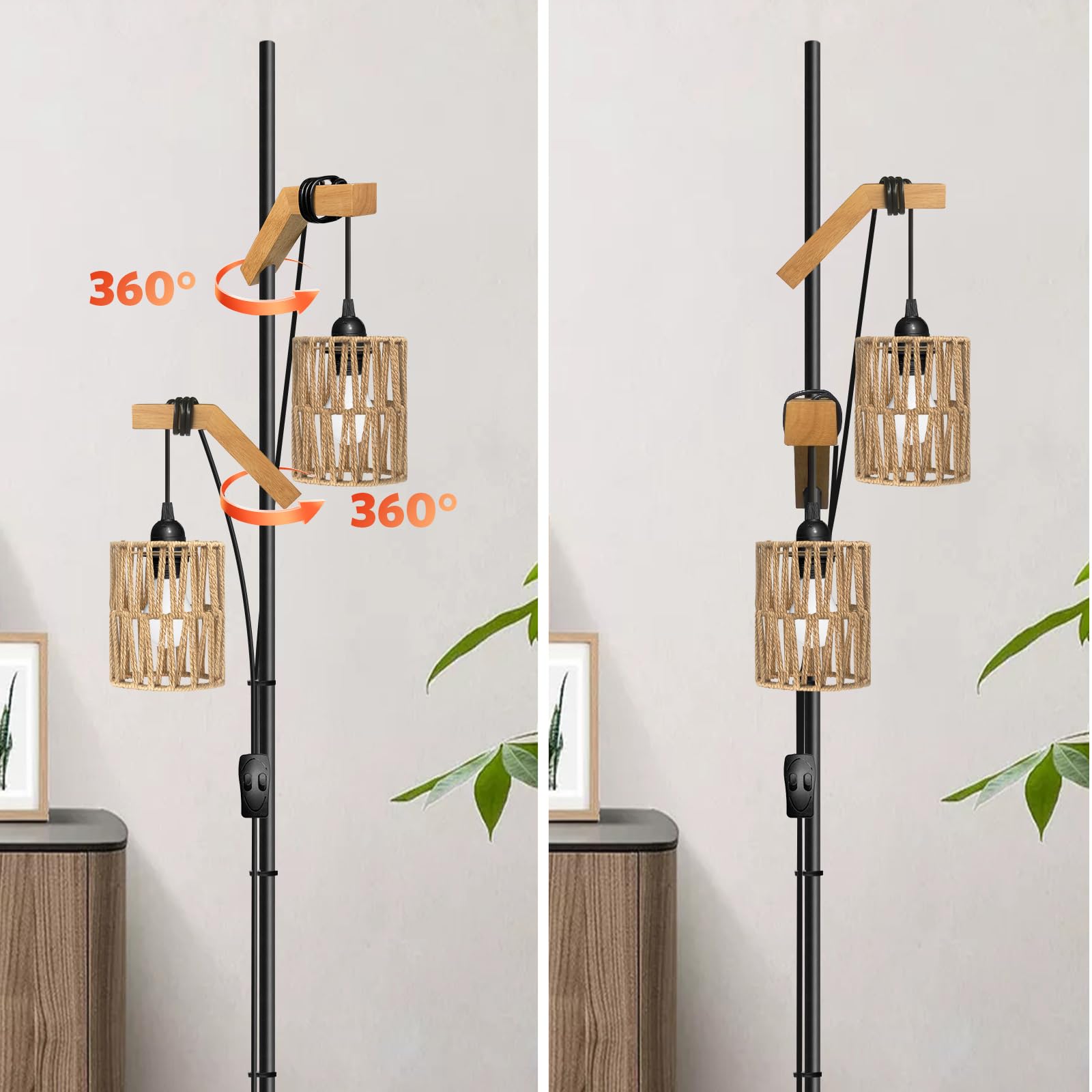 BBHome lampadaire sur pied Boho pour Salon, Lampadaire Bois 2 Lumières et Métal, Lampadaire Boho avec Abat-jour en Rotin, Lampe Industriel pour la Chambre, Salon, Bureau, Noir, Ampoule non Incluse