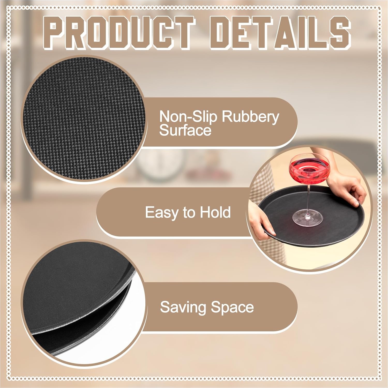 Thyle 12 Pcs Round Serving Tray 11 Inch Non Slip Lined Surface Server Waitress Food Service Trays Anti Skid Plastic Circle Black Round Dish for Coffee Restaurant Bar Parties