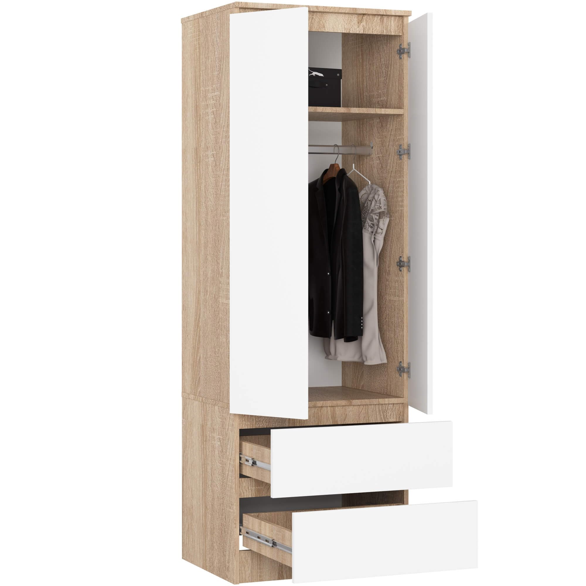 AKORD | Armadio STAR S | 60 cm Due Ante | 2 Cassetti con ripiani e Asta Appendiabiti | Mobiletto Cameretta Camera da Letto | Guardaroba | Pannello in laminato 16 mm | Sonoma/Bianco