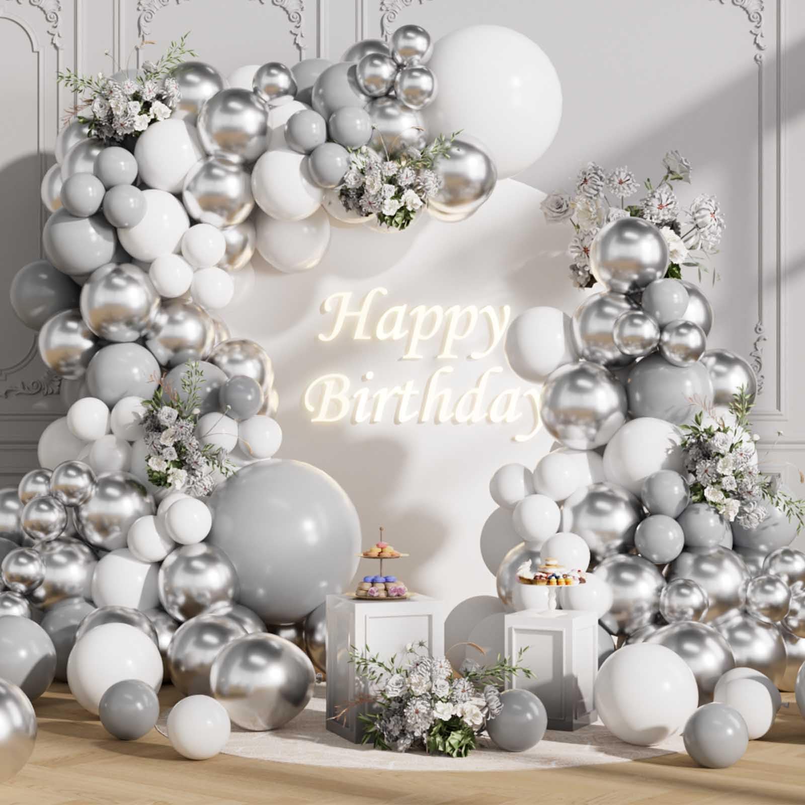 SULALABOO Silver Balloon Arch Kit, 155Pcs Garland Latex Balloons 18 10 5 Inch White Grey Metallic Silver for Birthday Anniversary Wedding Graduation Party Decoration — image 1