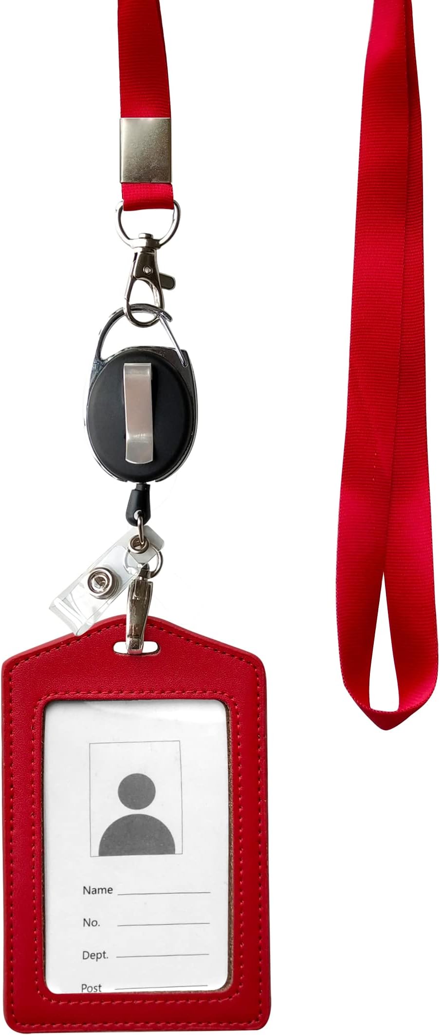 IDカードケース+ Heavy Duty Lanyard (レッド) +バッジホルダー格納式リールカラビナ、プラスチッククリップ レッド