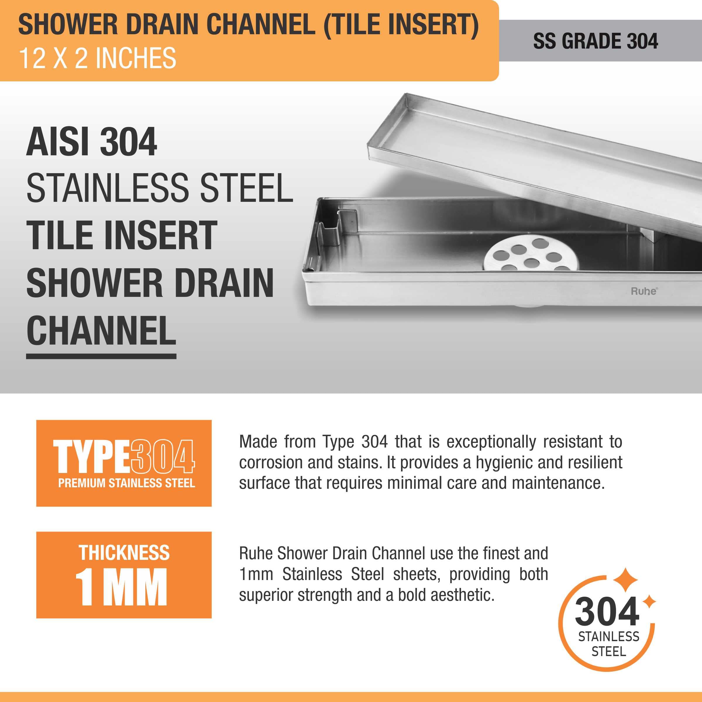 Ruhe® Tile Insert Floor Drain | 12 x 2 Inches Waste Water Floor Drain for 13mm Tile | 304 Stainless Steel Invisible Shower Drain Channel with Trap/Jali — Amazon image 6