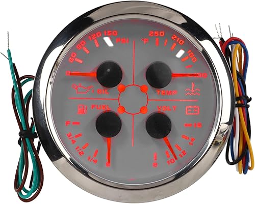 Calibre multifunción 4 en 1, voltímetro de 3.346in, nivel de combustible, presión de aceite, medidor de temperatura de agua, impermeable DC 9 a 32