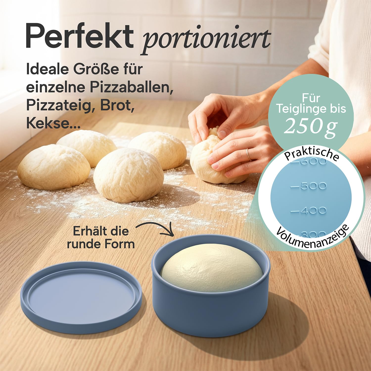 Blumtal Pizzaballenbox mit Deckel 4er Set - BPA-freie Pizza Ballenbox Silikon 14,5x6,5cm - antihaftende Pizza Box für optimale Gärung - Gärbox - Teigballenbox - Pizzabox - Pizzateig Box - Set Blau