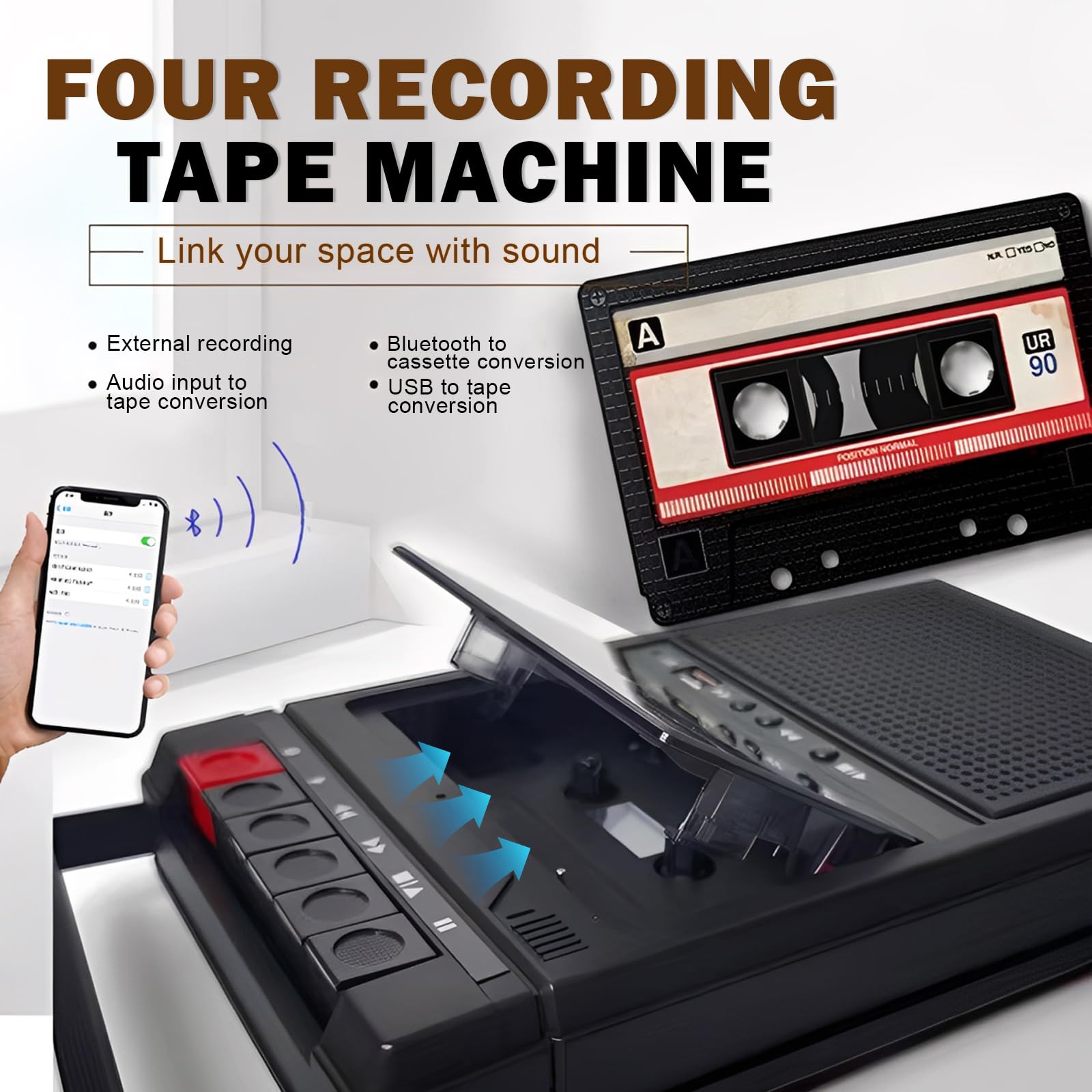 Reproductor de casete de audio Bluetooth, grabador, portátil con función de grabación, reproductor de cassette de audio que convierte a MP3 vía USB/SD/PC, reproductor de casete con mango retráctil