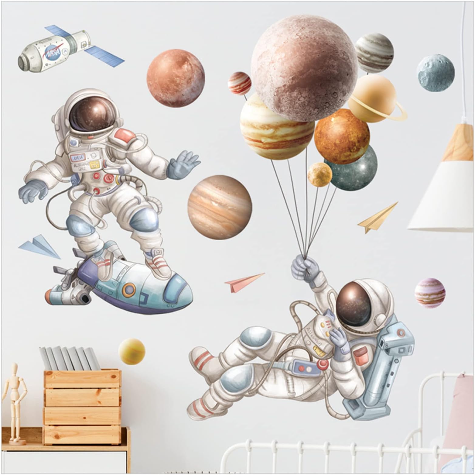 TERRIFI Astronaut Wall Decals, Satellite Planets and Stars Outer Space Wall Art Wall Stickers, Nursery Kids Room Gaming Room Wall Decor