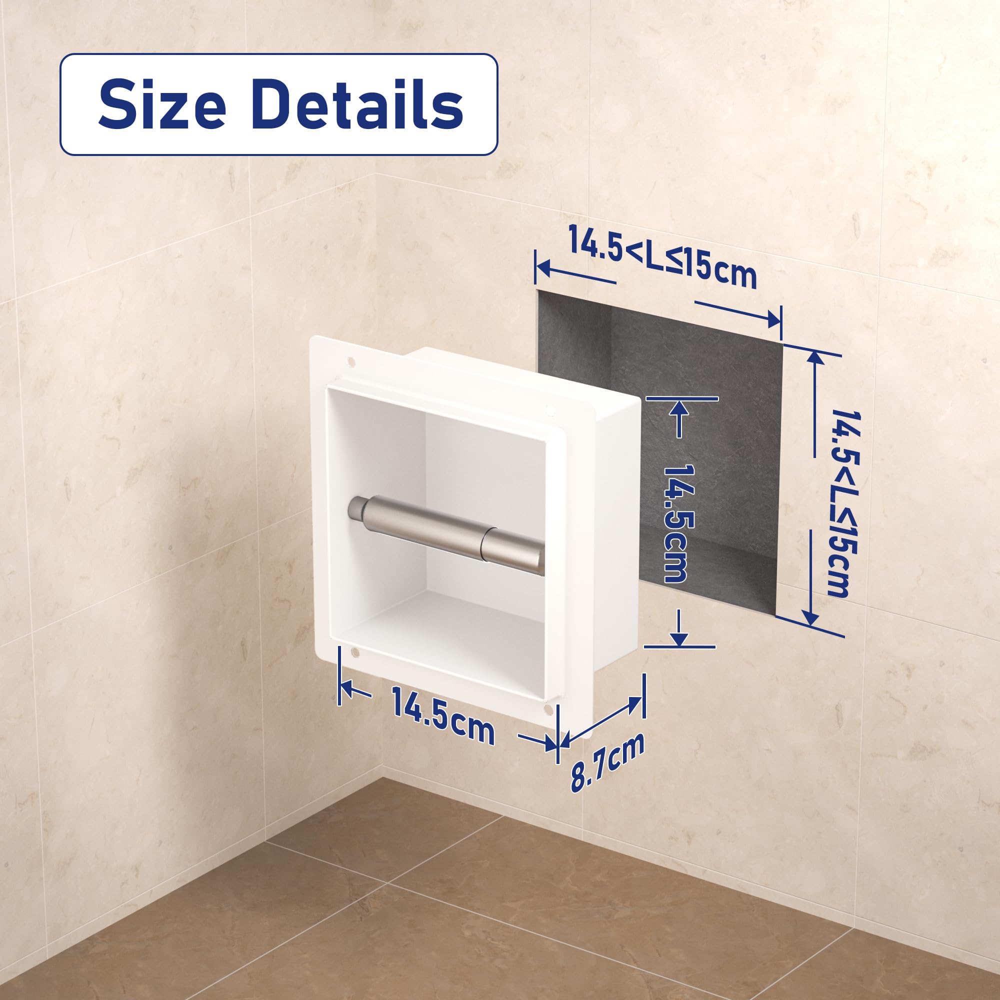 Portarrollos de papel higiénico empotrado, de acero inoxidable, para el baño, 14,5 × 14,5 × 8,7 cm, soporte para papel higiénico para la renovación y la ampliación del baño, color blanco