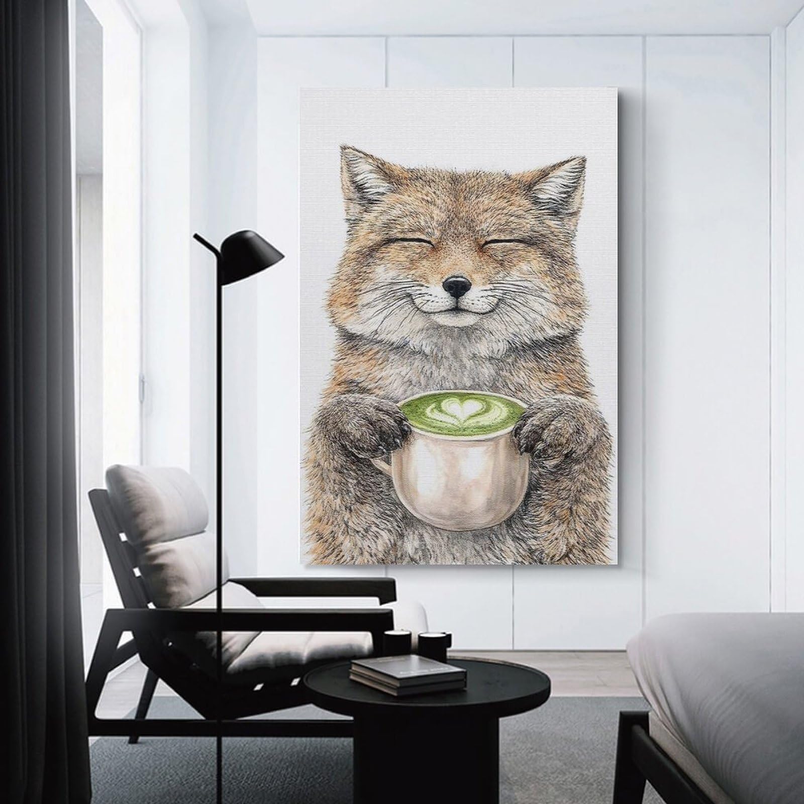 Junmoney Fox Holding Matcha Latte Wall Picture Print, 16x24inch(40x60cm), for Workspace Walls, Study Corners Or Bedrooms, Wall Art That Adds Style to Work Areas