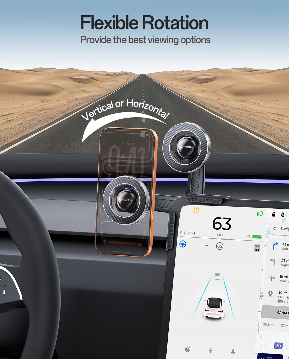 Soporte magnético más fuerte para teléfono Tesla Model 3/Y/YL, accesorios Tesla | Soporte de teléfono sin abrazadera de pantalla adhesiva, ajustable en 360°, compatible con iPhone 17-12 y funda MagSafe