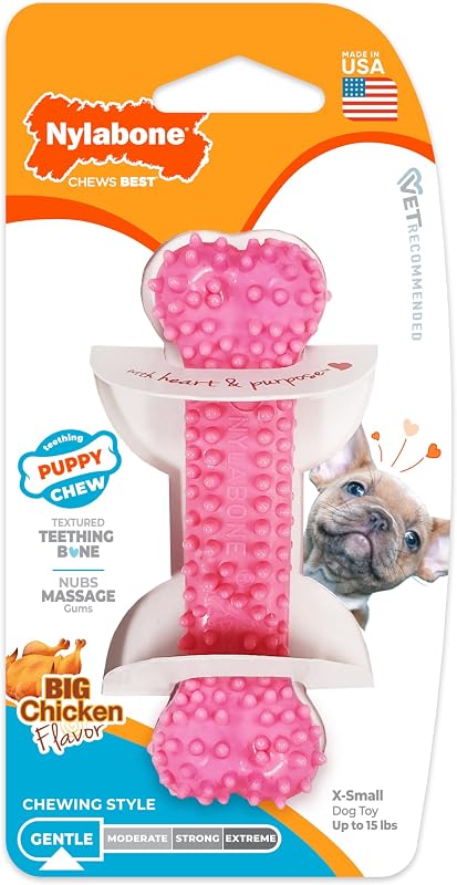Hueso de dentición para perro con textura rosa para cachorros Nylabone, talla XS | Sabor a pollo, juguetes calmantes para la dentición de cachorros, alivio de la dentición para cachorros, masaje de encías con protuberancias, perros de hasta 15 libras