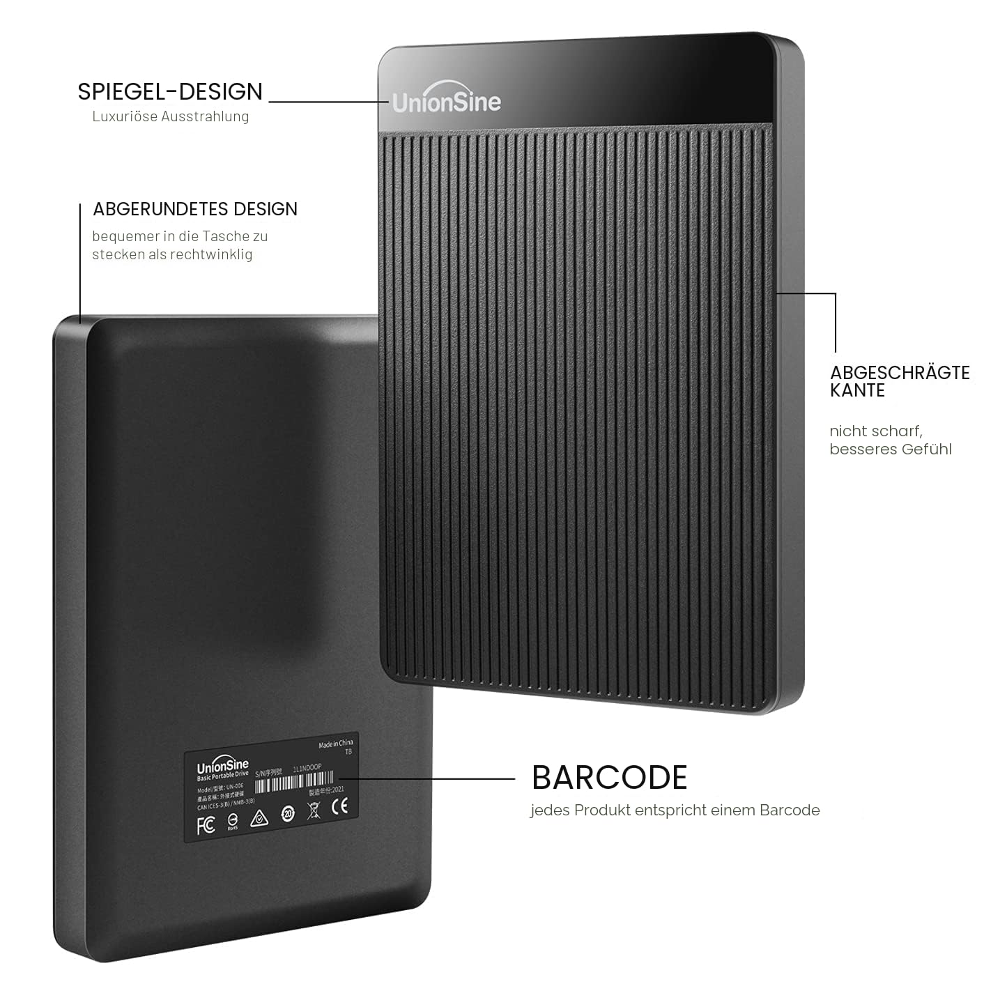 UnionSine Externe Festplatte 500GB 2,5 Zoll USB 3.0 SATA tragbar Schwarz