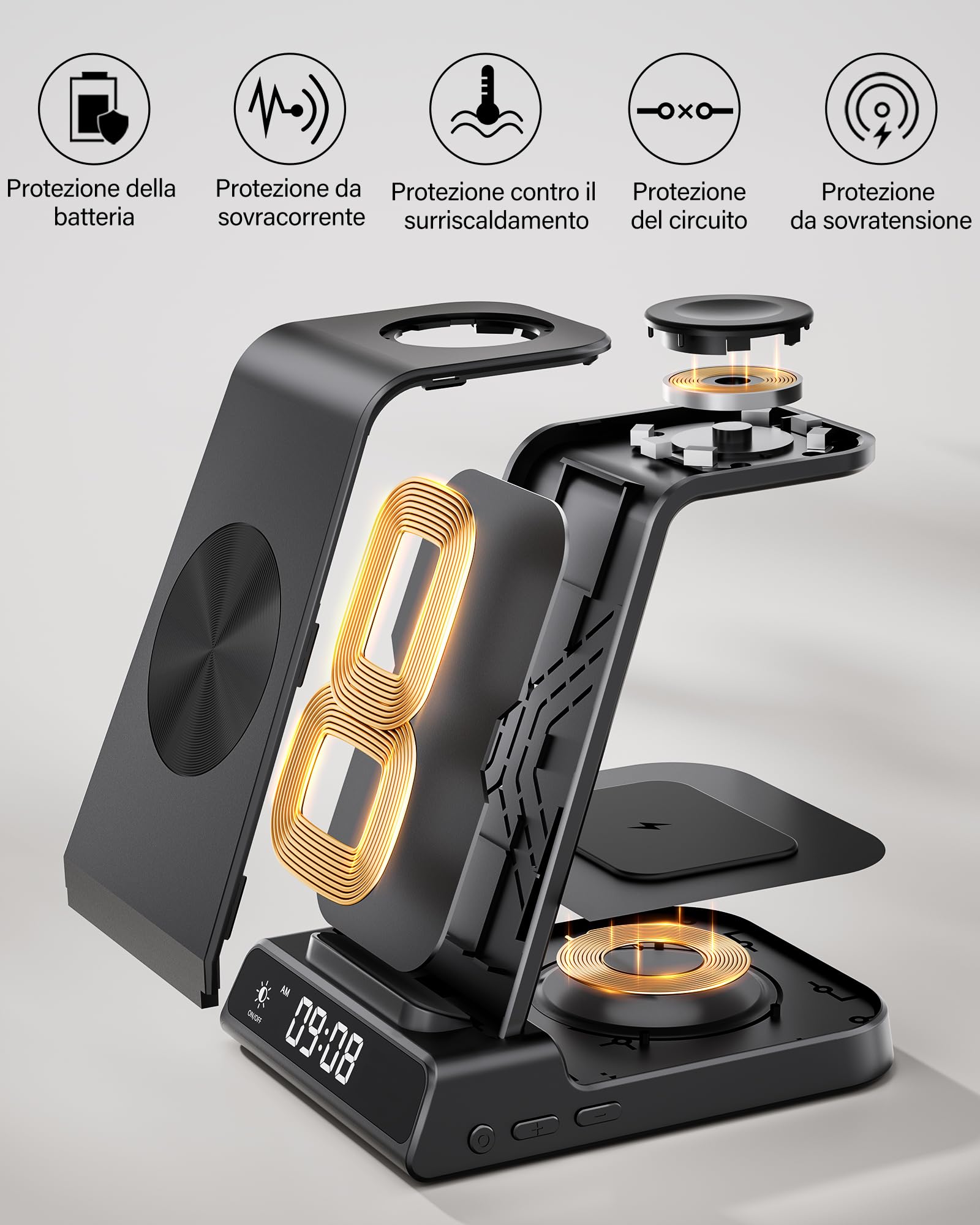 Stazione di ricarica per Apple, caricatore wireless 3 in 1 con orologio per iPhone 16/15/14/13/12/11/SE/XR/XS/X, supporto di ricarica per Apple Watch Ultra/9/8/7/6, AirPods Pro/4/3 (Senza Adattatore)